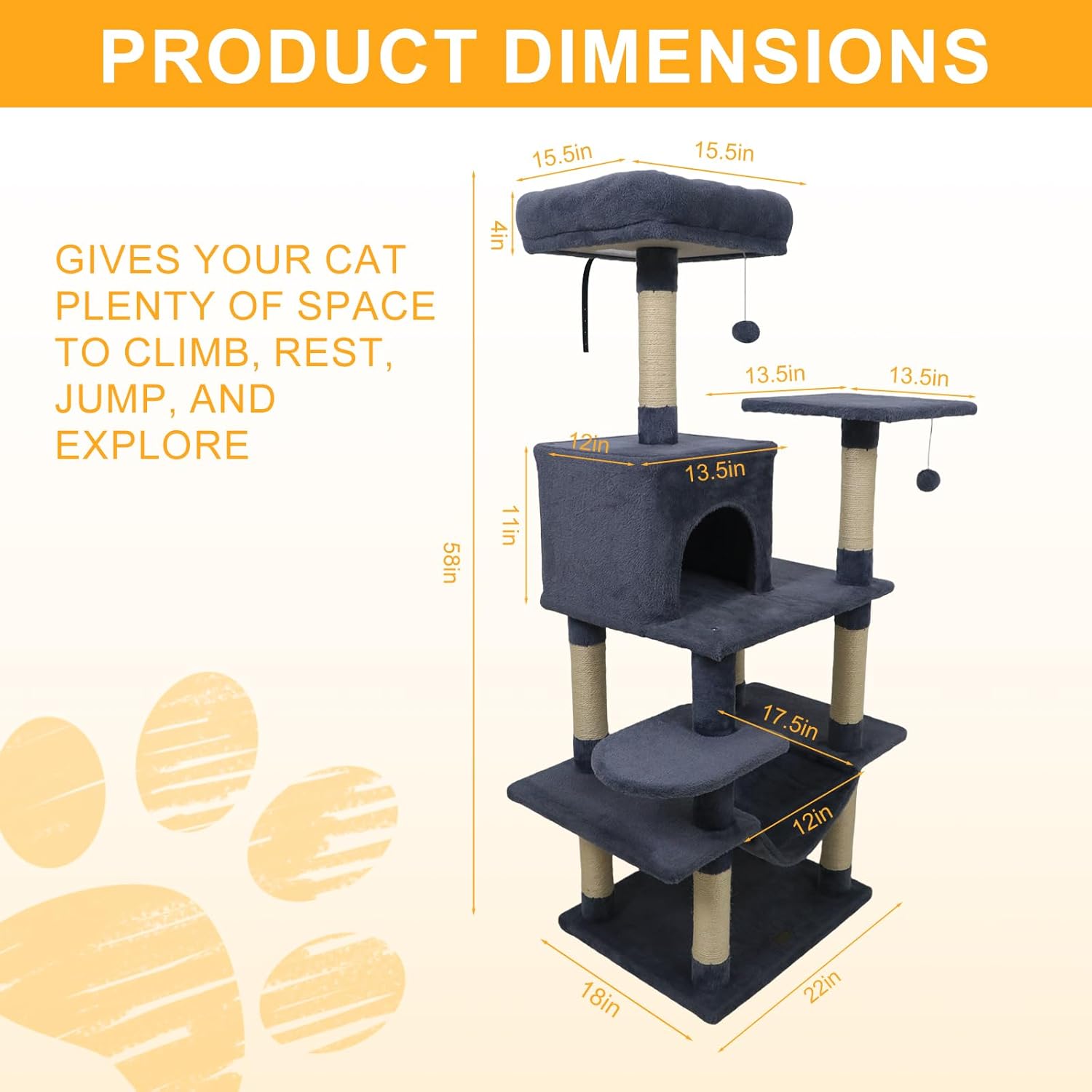 DORTALA Cat Tree for Indoor Cats, 58" Tall Cat Tower with Top Perch, Condo, Hammock, Sisal Scratching Posts, 3 Dangling Balls, Platforms, Multi-Level Pet Climbing Furniture Playground (Grey)
