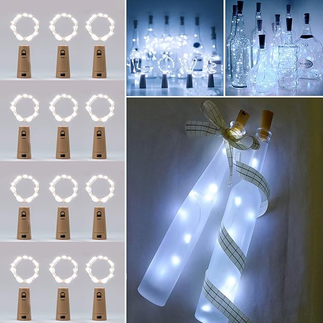 Bottle Lights with Cork,12 Pack 2m 20 LED Cork Lights for Bottles, Battery Operated Fairy Lights, Wine Bottle Lights for Party, Birthday, Wedding, Home Pub Table Centrepieces Decoration(Cool White)