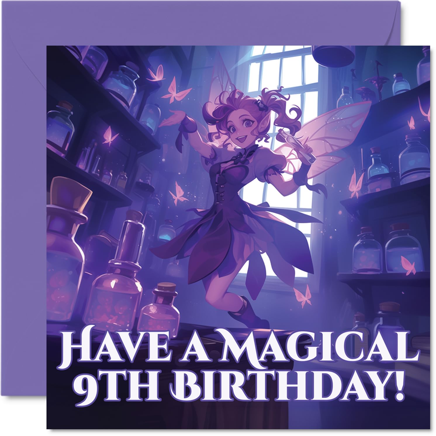 Cute Birthday Card - Sprinkle Some Fairy Magic - Whimsical Pink and Purple Design with Bottles and Butterflies - 145mm Square, Envelope Included