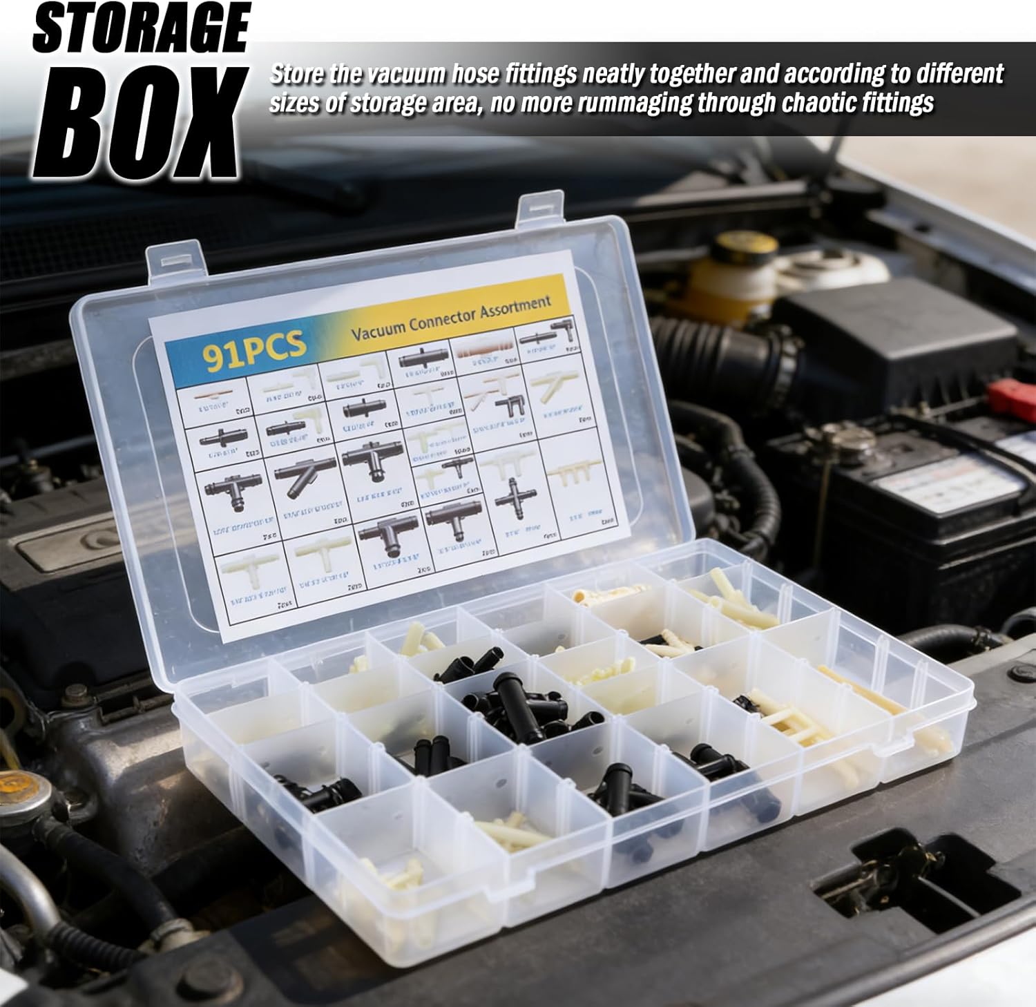 91PCS Vacuum Line Connectors Kit,32-Size Automotive Vacuum Hose Connector Kit Includes 1/8" 3/16" 1/4" 5/16" 3/8",Vacuums Tubing Connectors Kits Tee Straight with Storage Box