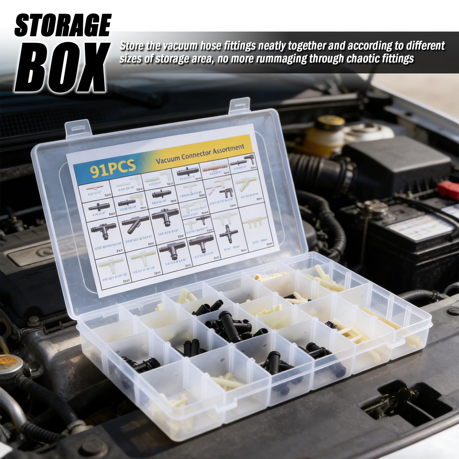Kit de 91 conectores de línea de vacío, kit de conectores de manguera de vacío automotriz de 32 tamaños que incluye conectores de tubo de aspiradora de 1/8 pulgadas, 3/16 pulgadas, 1/4 pulgadas, 5/16