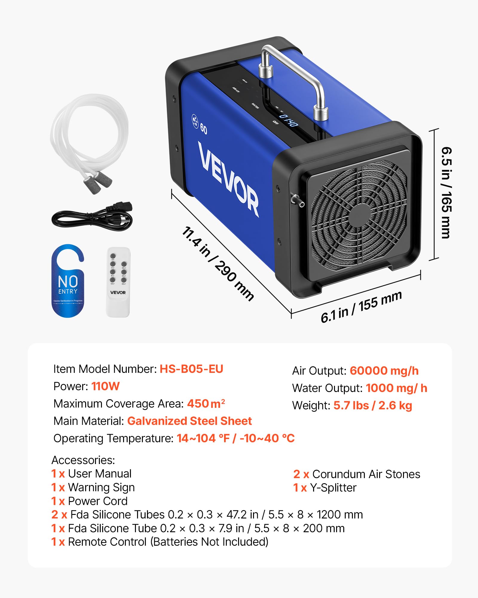VEVOR Generatore di Ozono Professionale 60000 mg/h, Ozonizzatore Commerciale con Avvio Ritardato di 15 s, Modalità Acqua con Doppio Tubo, Touchscreen LCD, per Auto, Animali Domestici, Fino a 450 m²