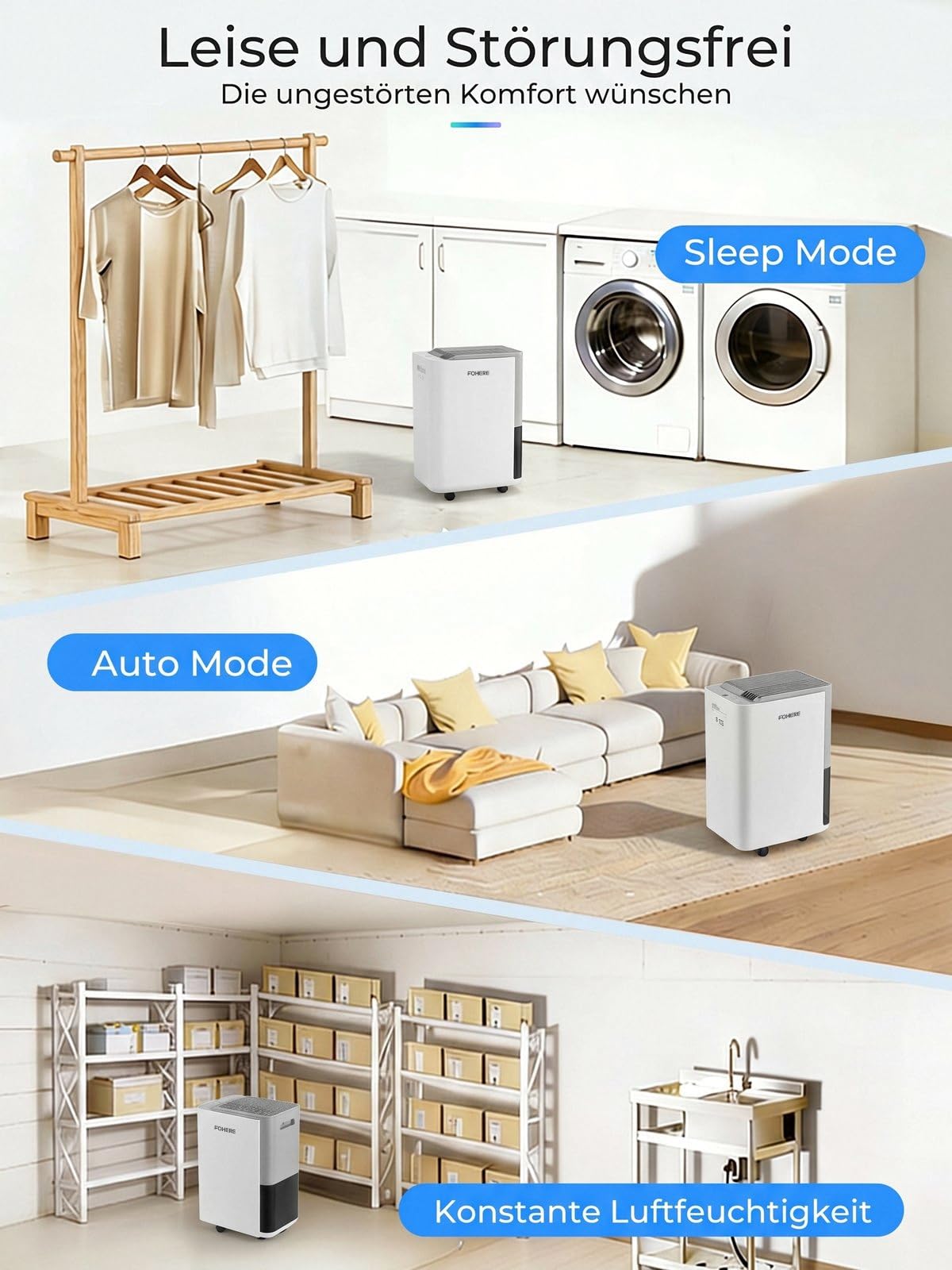 FOHERE Luftentfeuchter 30L/Tag, Raumentfeuchter bis 50 m² für Keller, Bad und Schlafzimmer, mit Hygrostat, Ablaufschlauch, Wäschetrocknung, Schlafmodus, 24h-Timer und Rollen