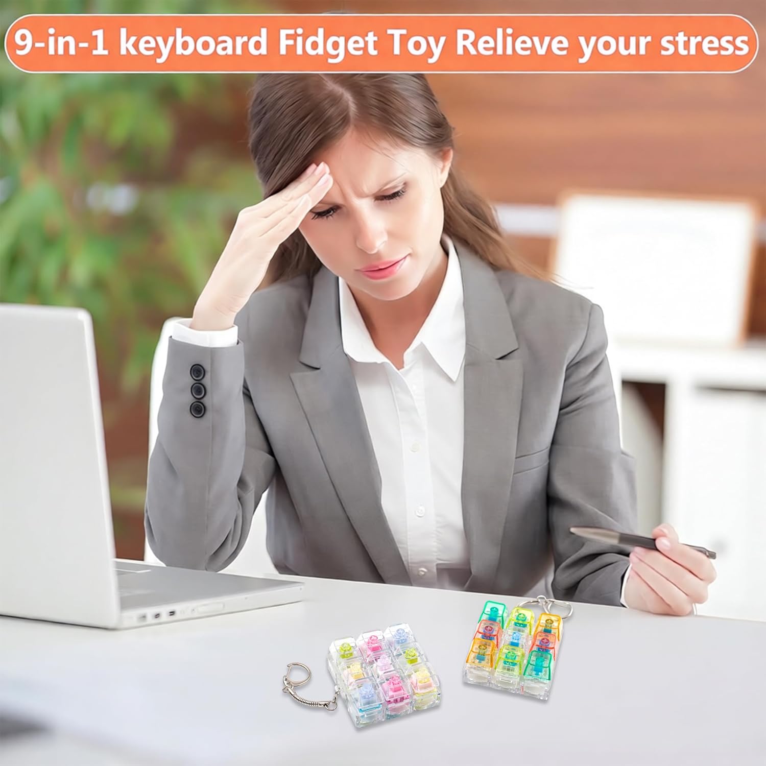 2 Pcs Colorful Transparent Keyboard Fidget Toys - 9 Keys Clicker Fidget Keyboard for Adults Relieve Stress and Anxiety Decompression Keyboard Keychain