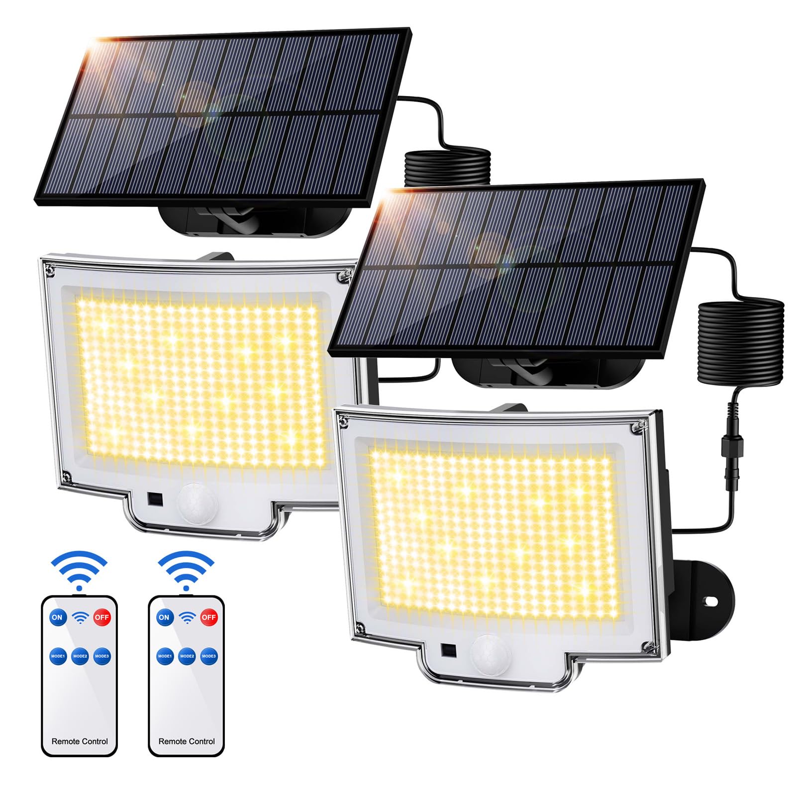 SIGRILL Faretti Solari a LED da Esterno con Sensore di Movimento, 318 LED Luce Solare Led Esterno con 3 Modes, 5M Cavo, Lampada Solare da Esterno (2 Pezzi - 318LED Bianco Caldo)