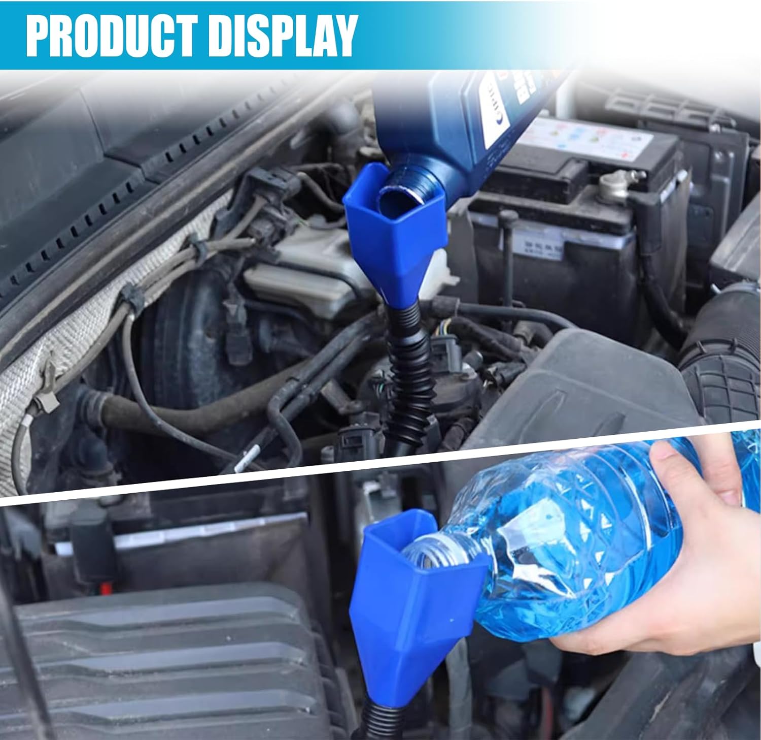 Flexible Car Fuel Funnel, Retractable Plastic Automotive Oil Exchange Funnels, Foldable Clasp Gasoline Funnels, Universal Draining Tool for Cars and Motorcycles (Blue)