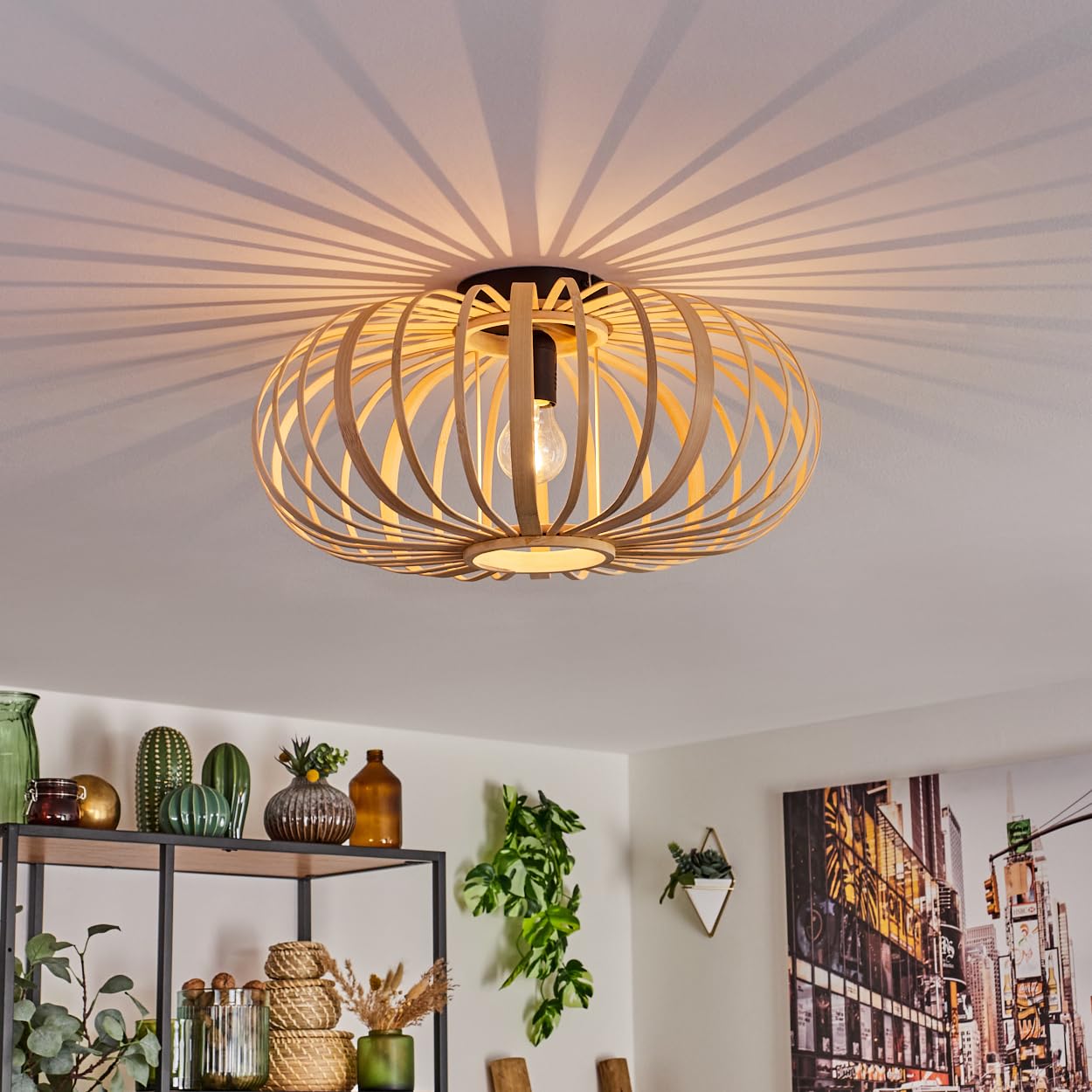 Hofstein Black Oravi Ceiling Light, Round Ceiling Lamp Made Of Bamboo/Wood/Metal In Natural/, 1-Flame, E27 Socket, Ø 45 Cm, Boho Light With Great Light Effect Due To Lattice Look, Without Bulbs