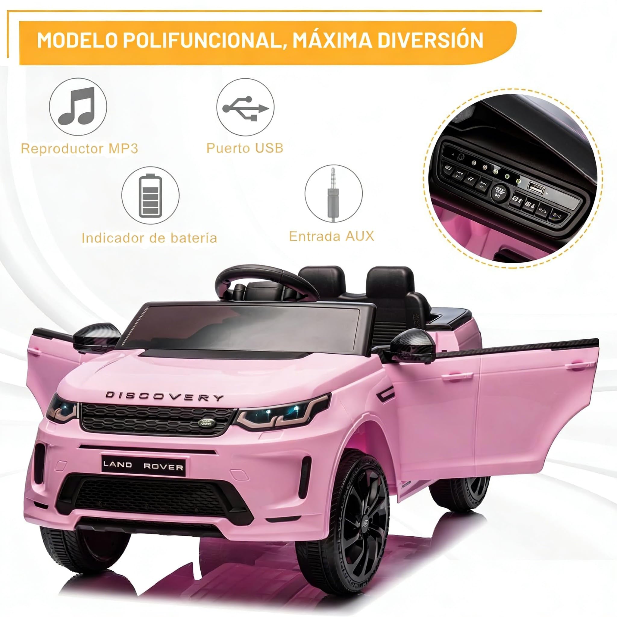 LALAHO Coche Eléctrico para Niños Land Rover Discovery Sport 12V con Doble Motor, 3-5 km/h Auto Eléctrico para Niños de 3 a 5 Años, Suspensión, MP3, Mando a Distancia (Rosa)
