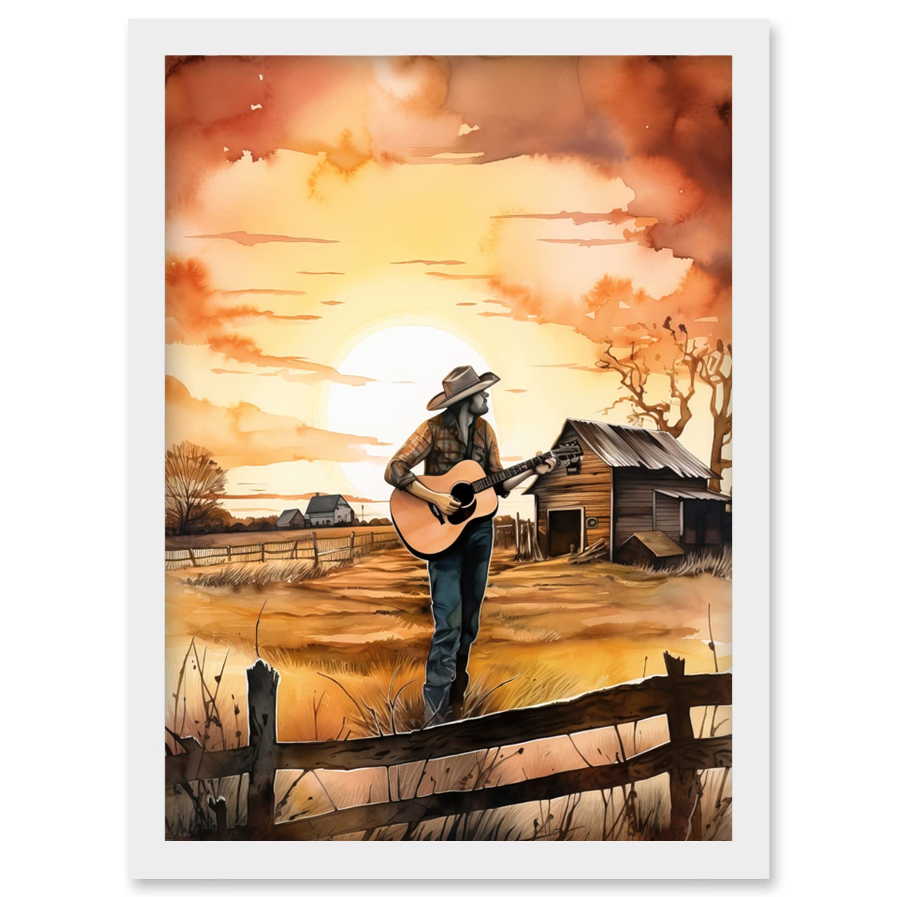 Modern Watercolour Painting - Man Playing Guitar in Countryside Farm - Sunset Wall Art Print A4 - Framed