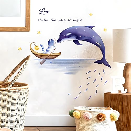 Miniatura 3 de sacinora - Calcomanías de pared con diseño de delfín y gatito, calcomanías de pared de animales marinos morados, extraíbles para niños, bebés,
