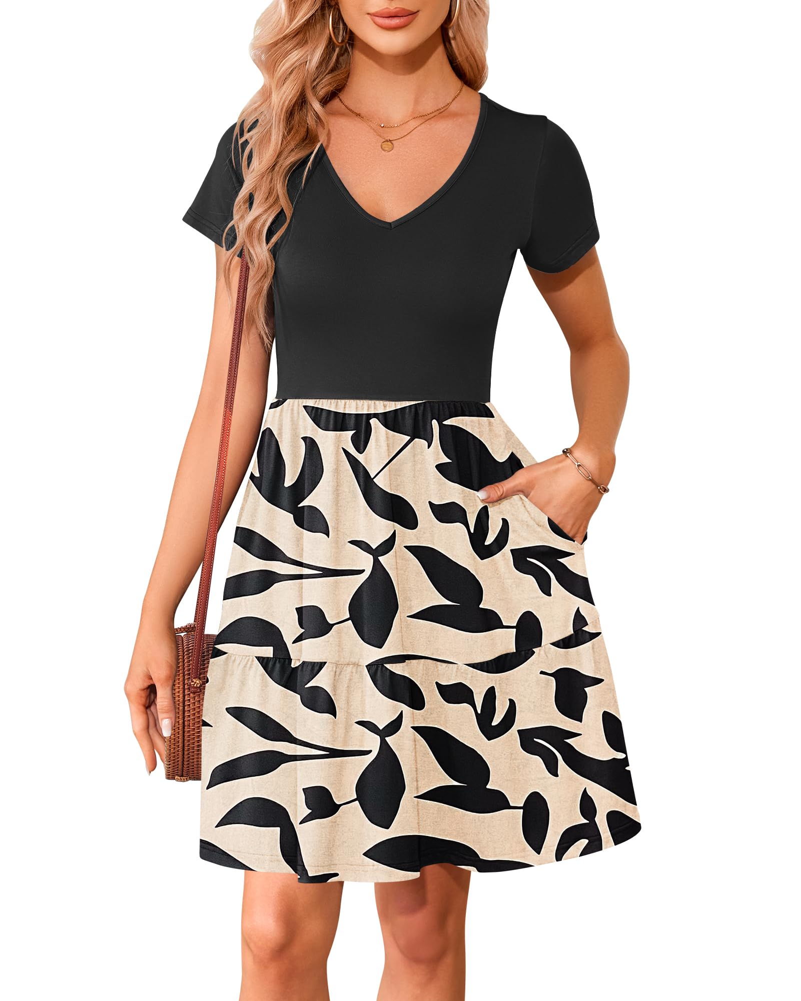 WNEEDU Mujeres Vestidos de Verano Cuello en V Manga Corta Vestidos de Playa Ruched Hem Casual con Bolsillos T Shirt Vestidos