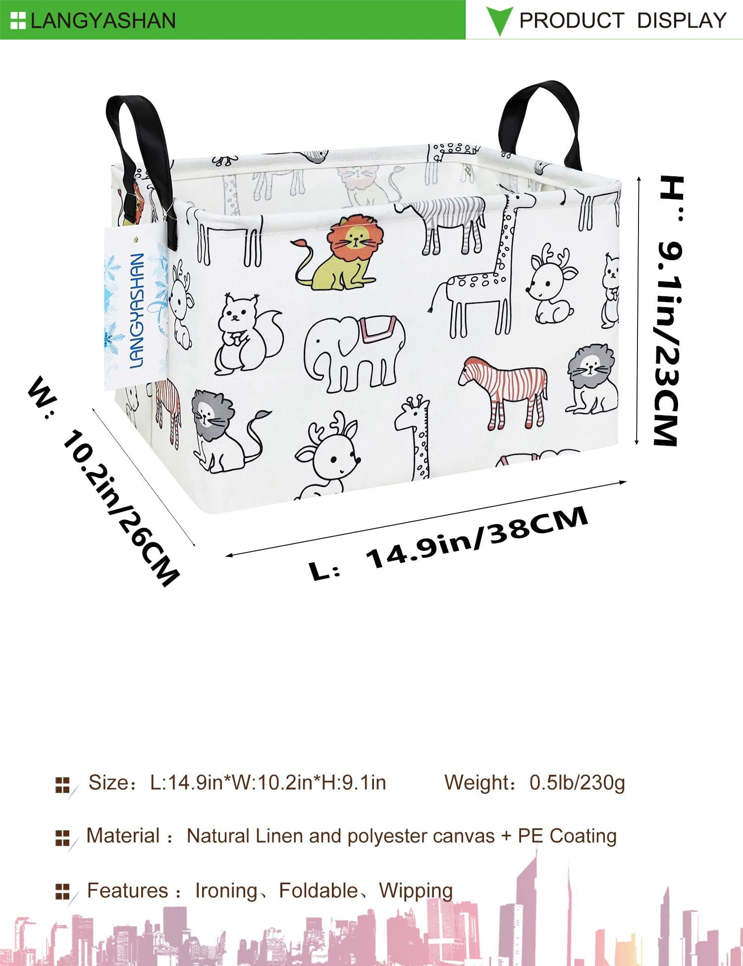 LANGYASHAN Rectangular Storage Bin Collapse Canvas Fabric Cartoon Storage Basket with Handles for Organizing Home Kitchen Boys and Girls Toys Office Closet Shelf Baskets (Rec Simplified Zoo)