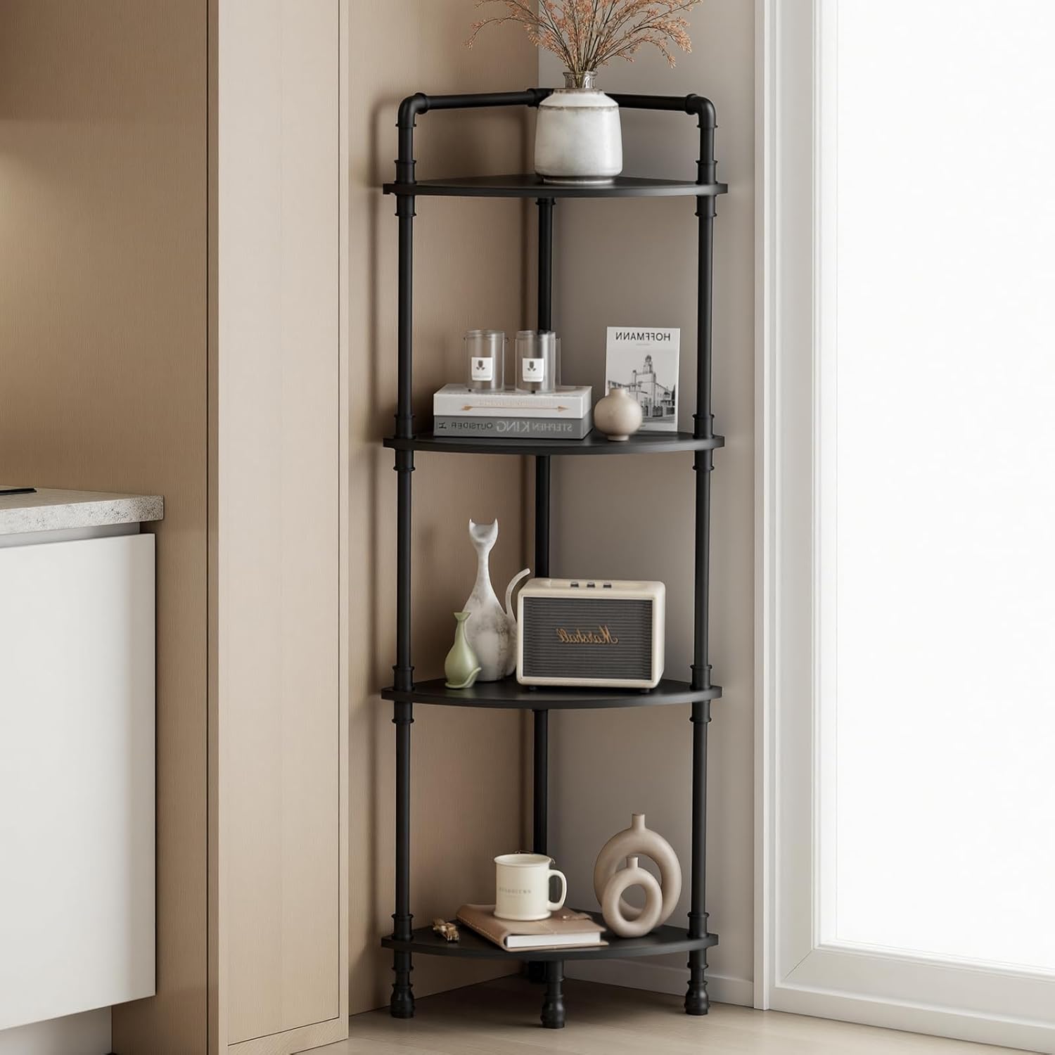 Aduanbang Fun Memories 3-Tier Corner Shelf Stand, Grey Storage Bookshelf for Bathroom, Living Room, Kitchen, Home Office (Brown(3 Tier))