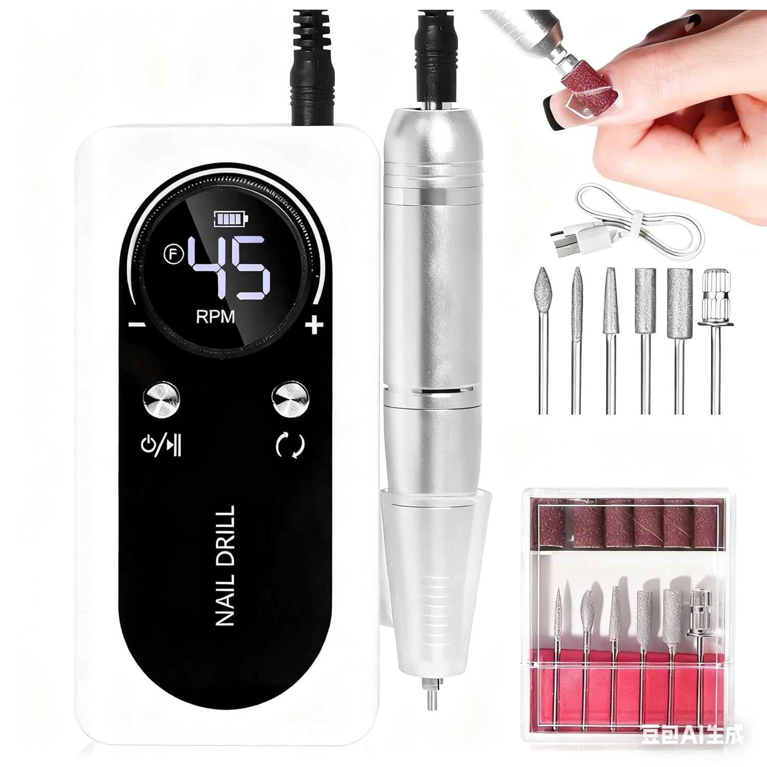 Professional Nail Drill Machine, 45,000 RPM Electric E-File for Acrylic Gel Nails, with 6 Bits and Sanding Bands (White)