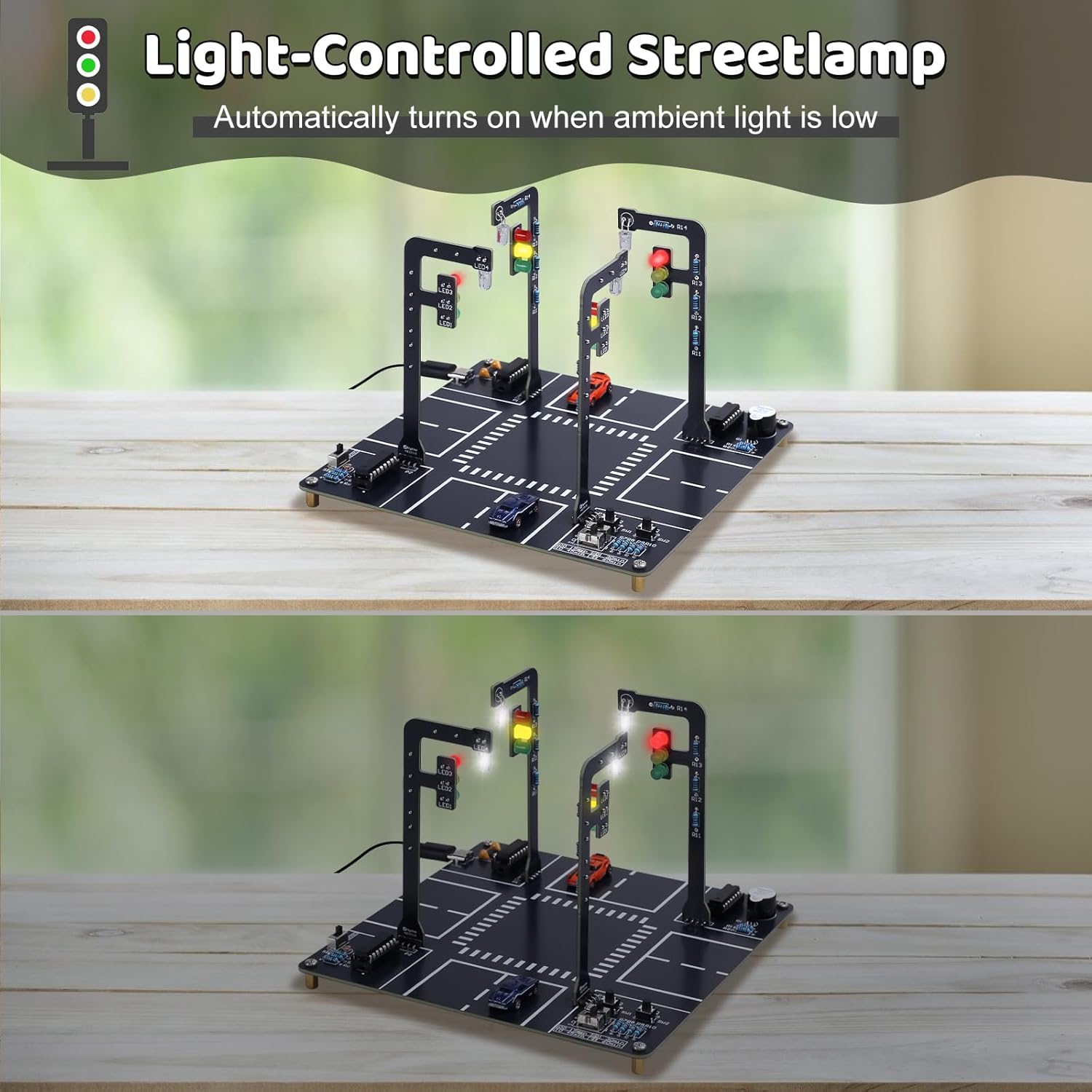 Comparison of the traffic light simulation in bright and low light conditions, showing the streetlamp activating