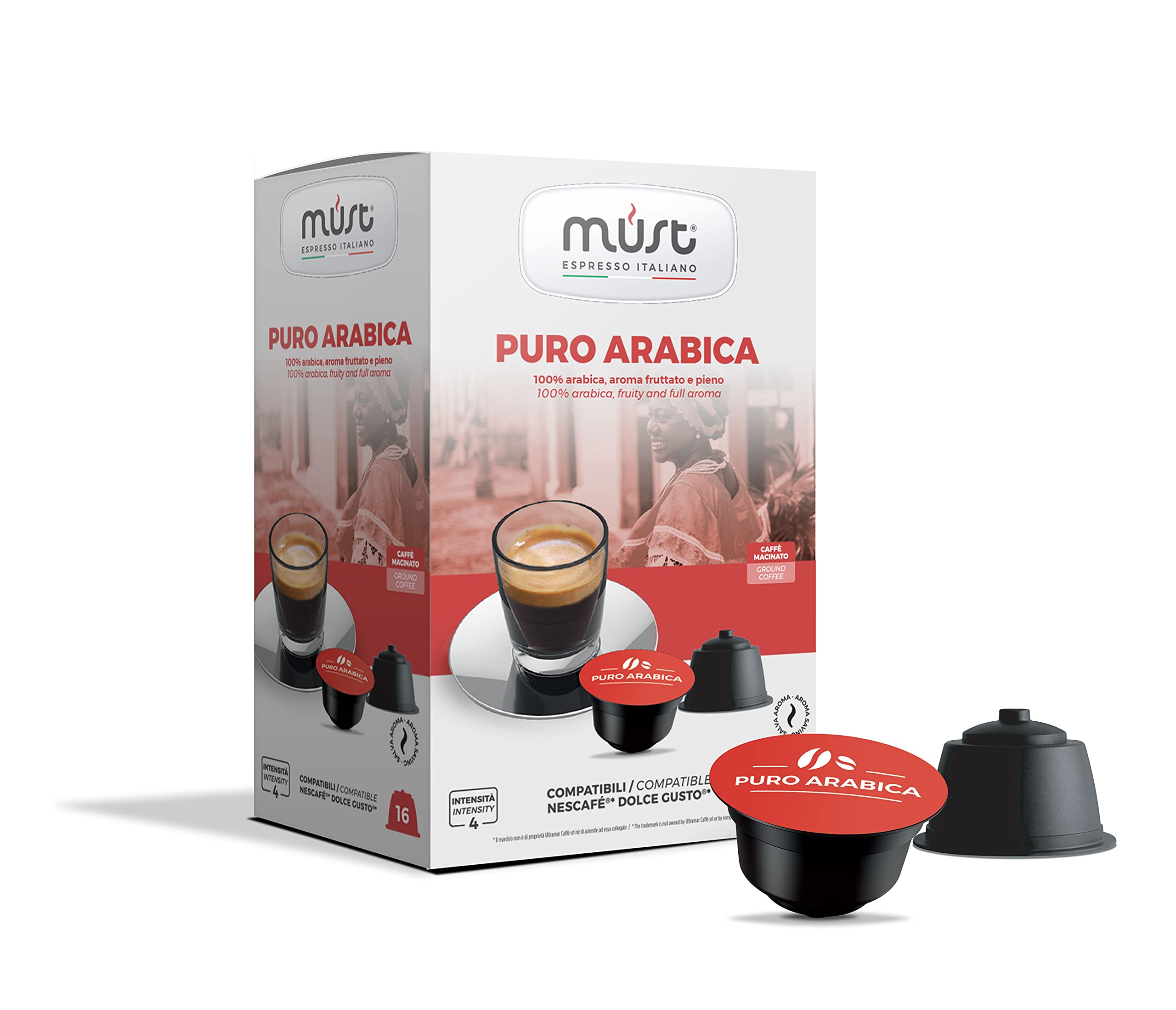 MUST 16 Capsules, Coffee Capsules Self Protected in 100% Recyclable Plastic, ARABICA blend Pack of 16 Capsules Compatible with Dolce Gusto Machine, Made in Italy.