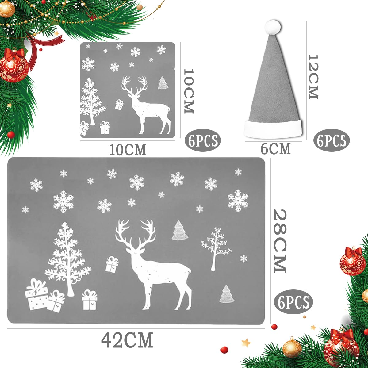 MQIAN 18 Pcs Set Christmas Placemats, 6 Placemats, 6 Coasters, 6 Cutlery Holders, Grey, Perfect for Families Restaurants - Image 2