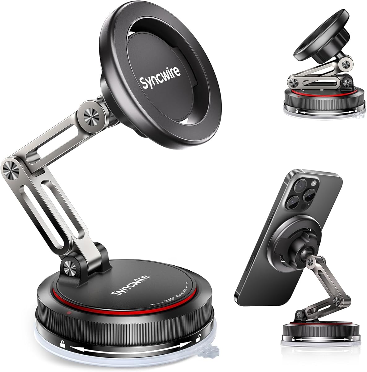 SYNCWIRE for MagSafe Car Mount [3-Axis] Nano Adhesive Gel + Strong Suction Cup Magnetic Phone Holder for Dashboard & Windshield, 360° Adjustable for iPhone 17 16 15 14 13 12, Samsung, Matte Black