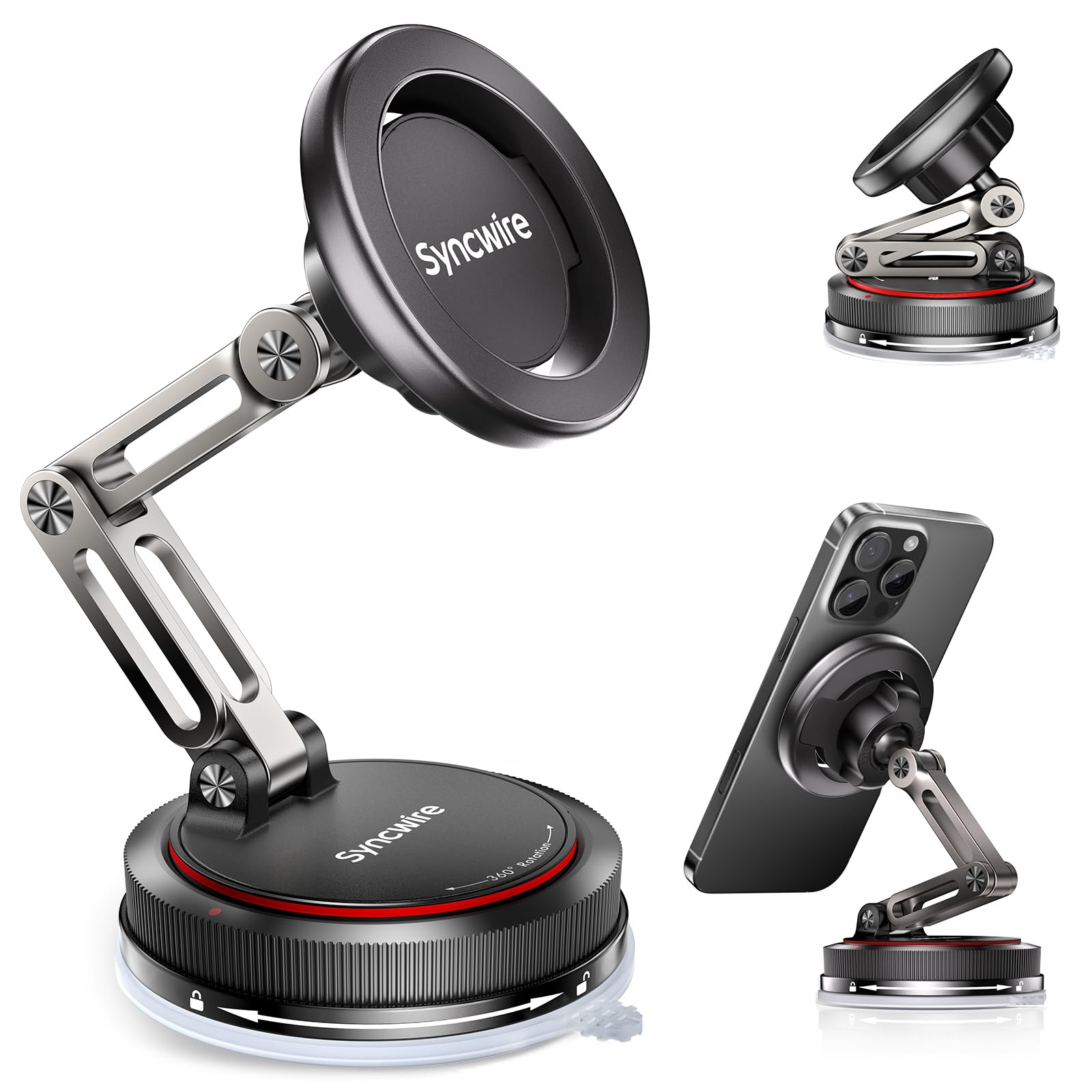 SYNCWIRE for MagSafe Car Mount [3-Axis Design] Strong Suction Cup Magnetic Phone Holder, 360° Rotation, Compatible with iPhone 16 Pro Max 15 14 13 12, Samsung, Matte Black