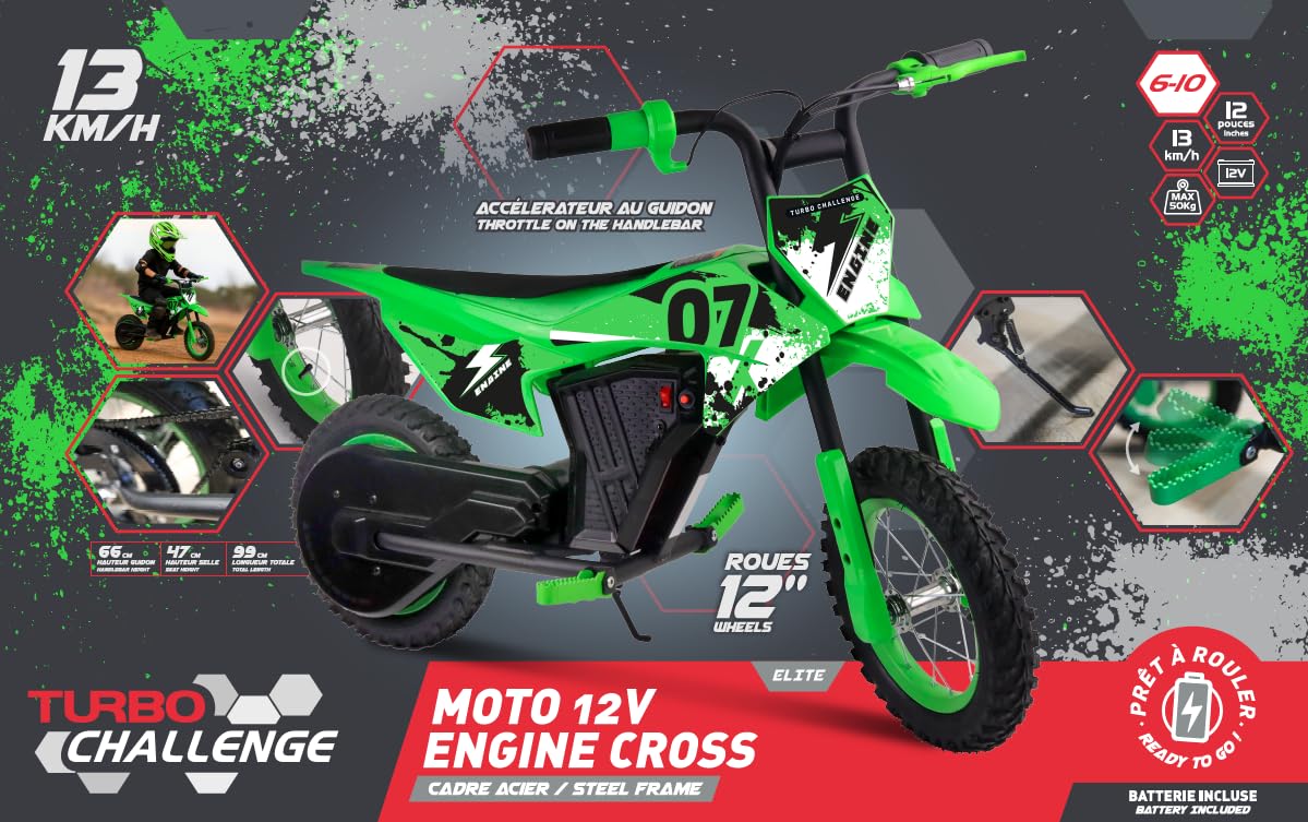TURBO CHALLENGE - Mini Moto - 12 Pouces - Porteur Électrique - 50Kg Max