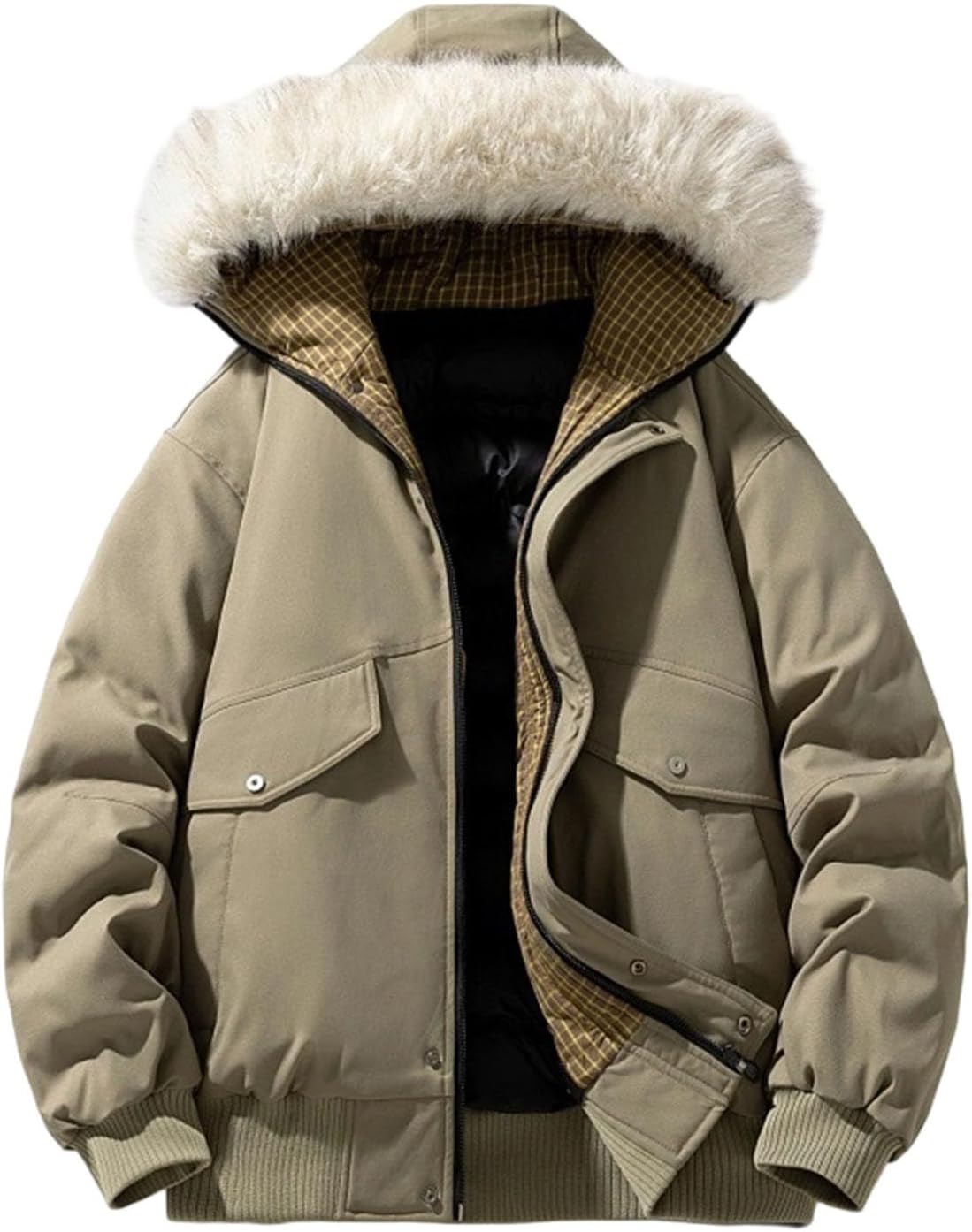 Snow Jackets for Men Warm Heavyweight Windproof Snow Coat Faux Fur Hood Full Zip Snowboard Puffer Jacket with Pocket