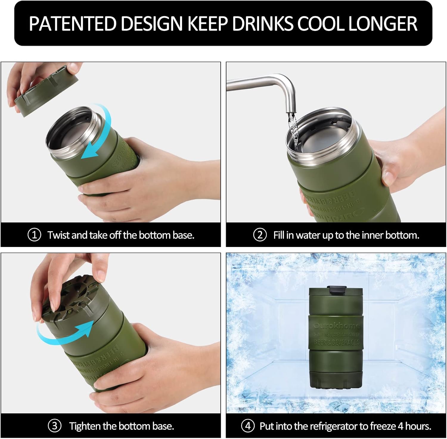 Ourokhome 5 in 1 Can Cooler, Stainless Steel Insulated Beverage Cup for 12 & 16 OZ Skinny & Regular Cans and Bottles, 100% Leak Proof Iced Coffee Tumbler with Lid, Green