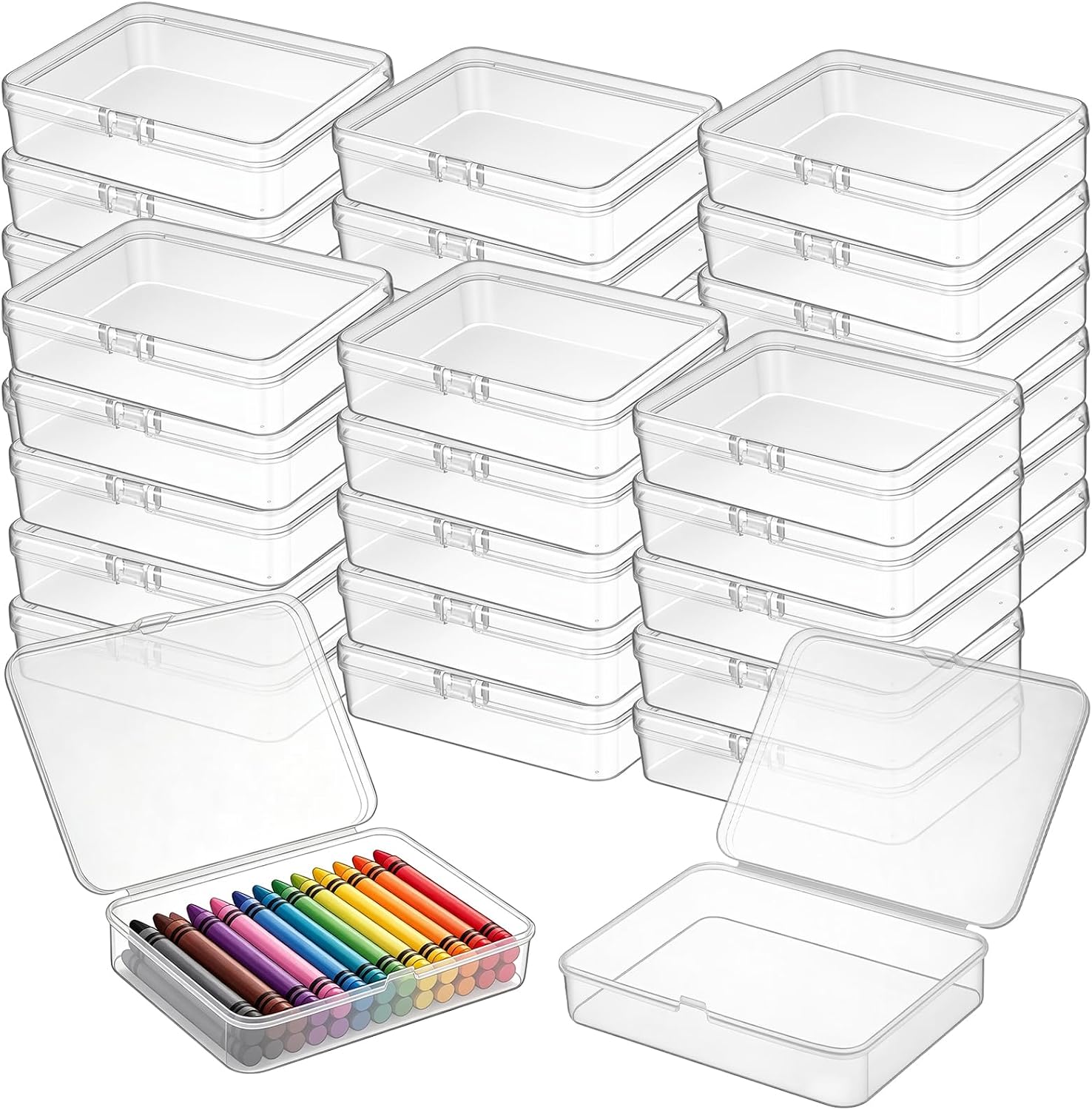 VZZNN 32 Pack Plastic Crayon Boxes Holds Up to 24 Crayons with Lids Clear Crayon Organizer Storage Containers for Art Crafts School Classroom Supplies