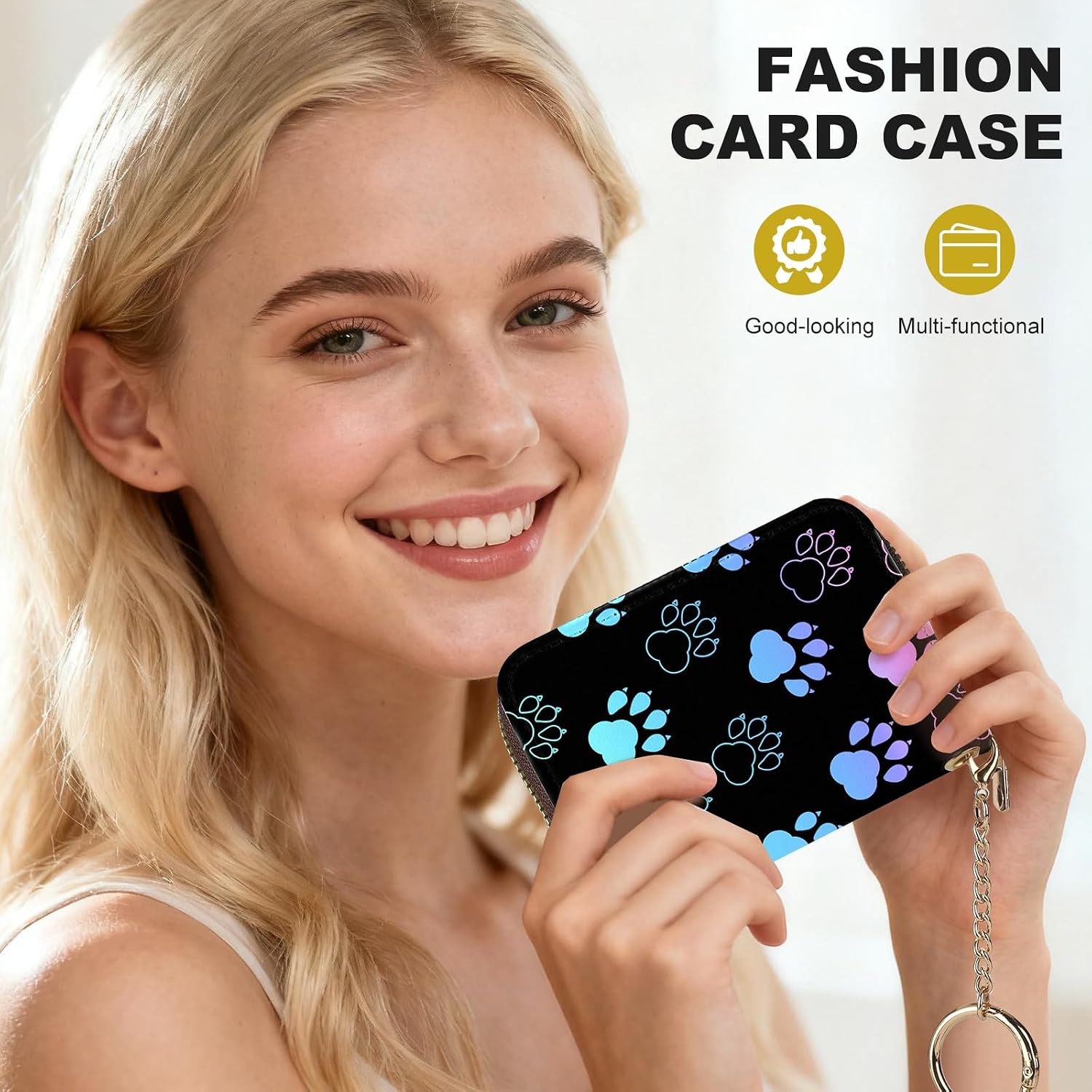 Credit Card Holder for Women,Small Rfid Wallet with Keychain Zipper,Cute PU Leather Card Case Wallet，Accordion Credit Card Wallets Gift,Colorful Paw Prints