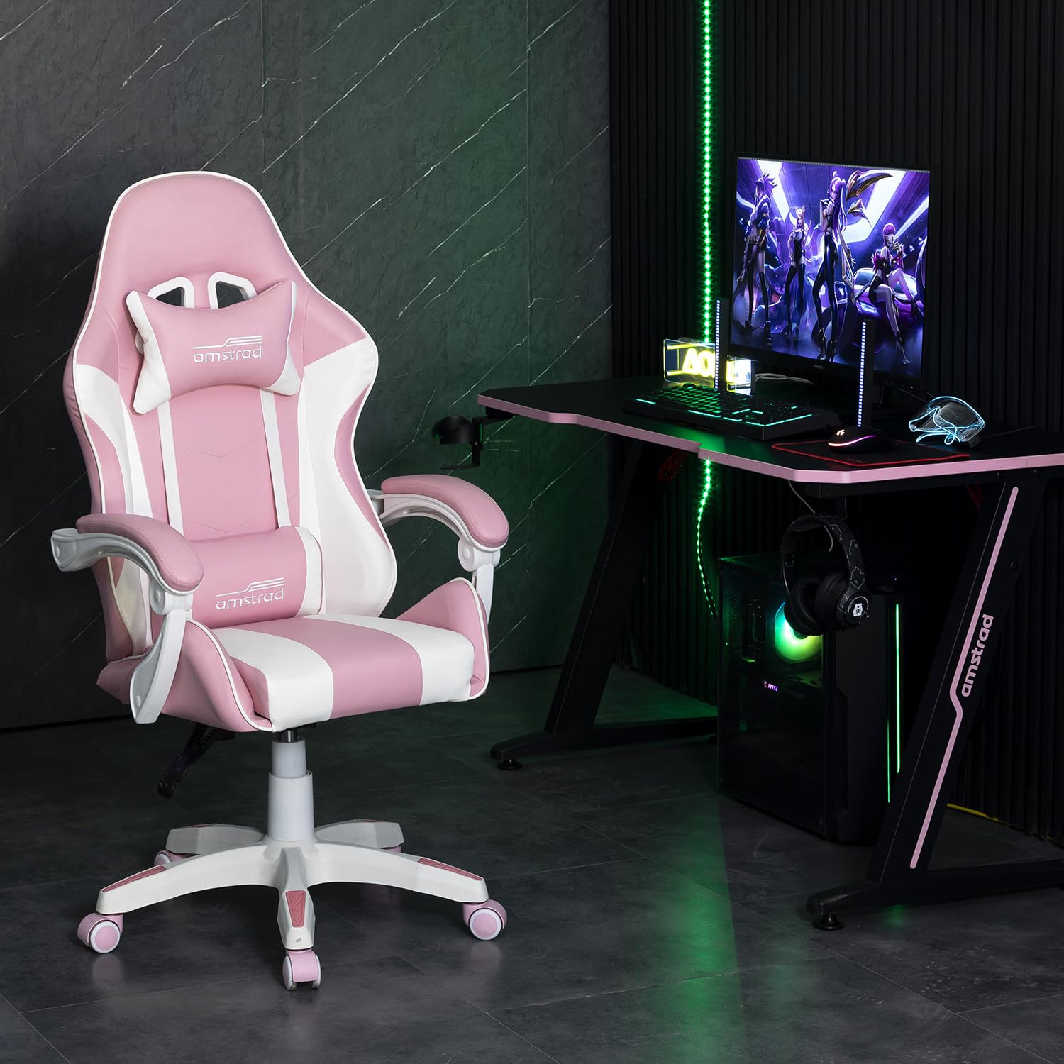 Amstrad AMS-800-ROSY Fauteuil/Chaise de Bureau Gamer Rose & Blanc - Coussin Lombaire & appuie tête