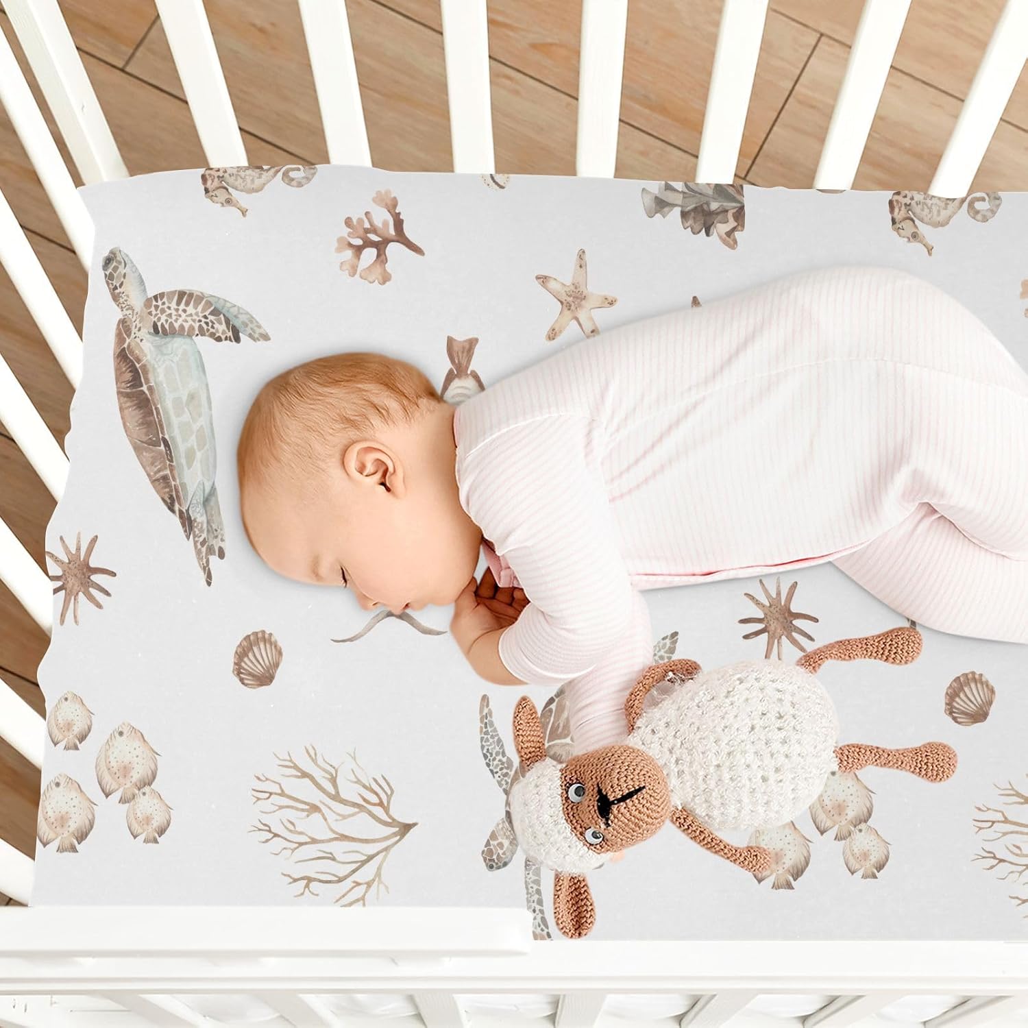 CaTaKu Crib Sheets for Girls Boys Sea Turtles Seashells Baby Sheets for Crib,Neutral Toddler Mini Crib Mattress Sheets Fitted for Nursery Bed 27"x 39"