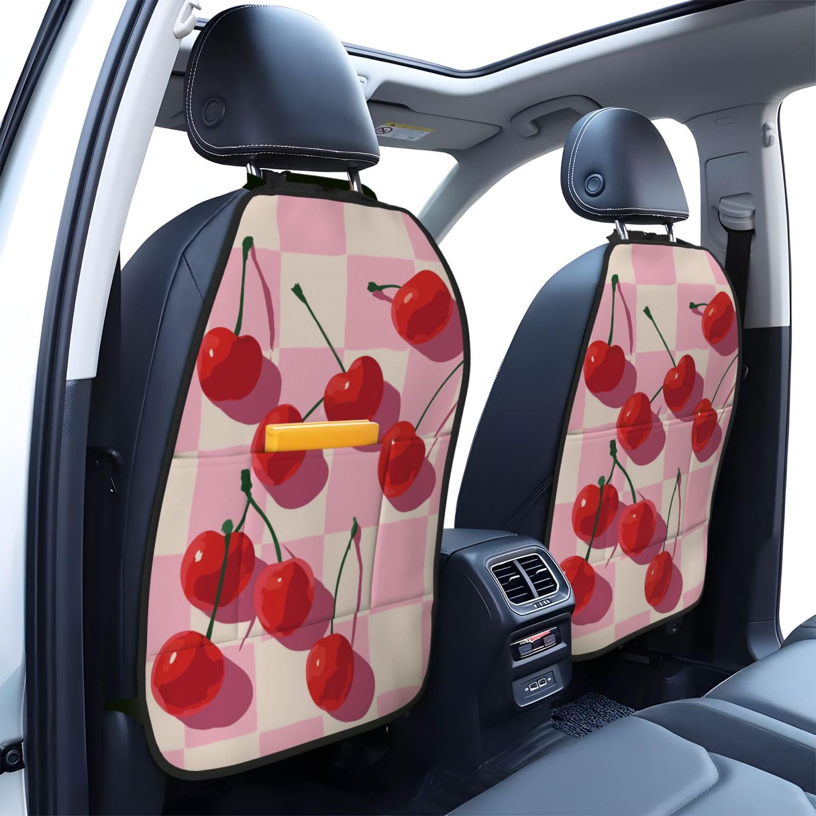 Minimalist Cherries On Pink White Checker Car Seat Back Kick Protectors,2 Pack Kick Mats with Storage Pockets for Vehicles to Protect from Dirt Mud Scratches