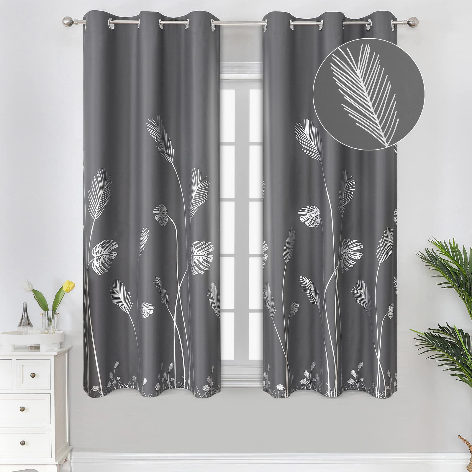 Estelar Textiler Light Blocking Curtains Silver Palm Tree Pattern Blackout Curtains Grommet Room Darkening Window Energy Saving Curtains Drapes for