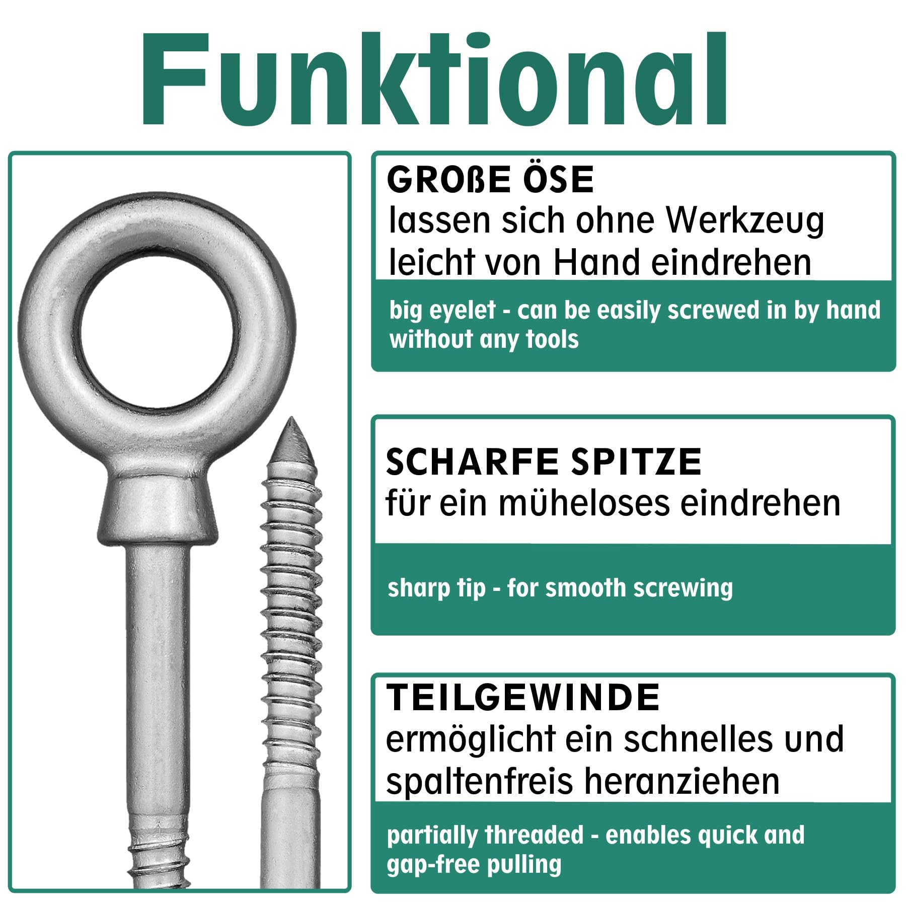 DSM – Augbolzen 6 x 60 mm – mit Holzgewinde – Edelstahl A4 – 50 Stück | [TrueSpec Präzision] Ringschraube Ösenschraube Schrauböse Augenschraube – Aufhängung für Holz, Garten, Boot, Ketten, Seil