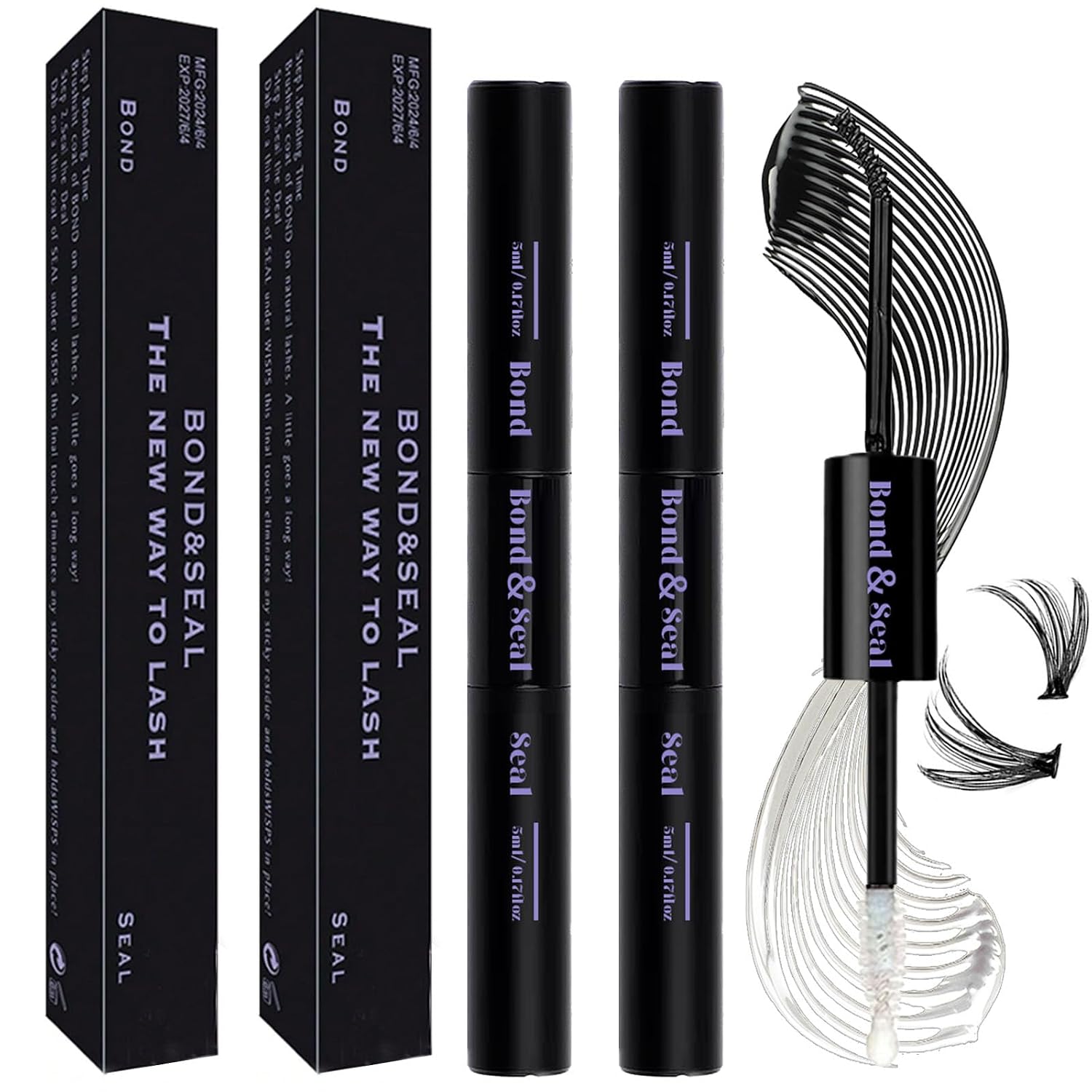 Lash Bond and Seal Kit 2Pcs DIY Lash Extension Waterproof Lashe Cluster Glue 72h Hold Portable Individual Lash Glue for Eyelash Extensions Beginners Black Bond&Clear Seal(5ml+5ml）