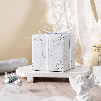 WRAPAHOLIC Wedding Wrapping Paper Roll - Mini Roll - 17 Inch x 33 Feet - Silver Foil Diamond Ring and Wed Day Lettering Design Perfect for Wedding, Celebration, Party