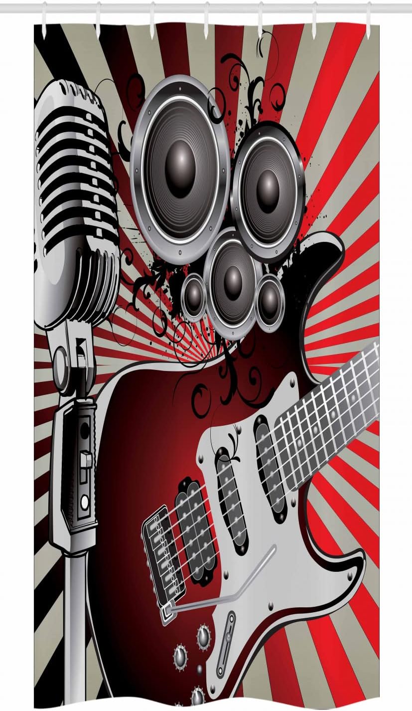 Ambesonne Music Stall Shower Curtain, Music Old Fashioned Speaker Loudspeaker Geometrical Striped Background, Fabric Bathroom Decor Set with Hooks, 36" W x 72" L, Burgundy Beige Grey