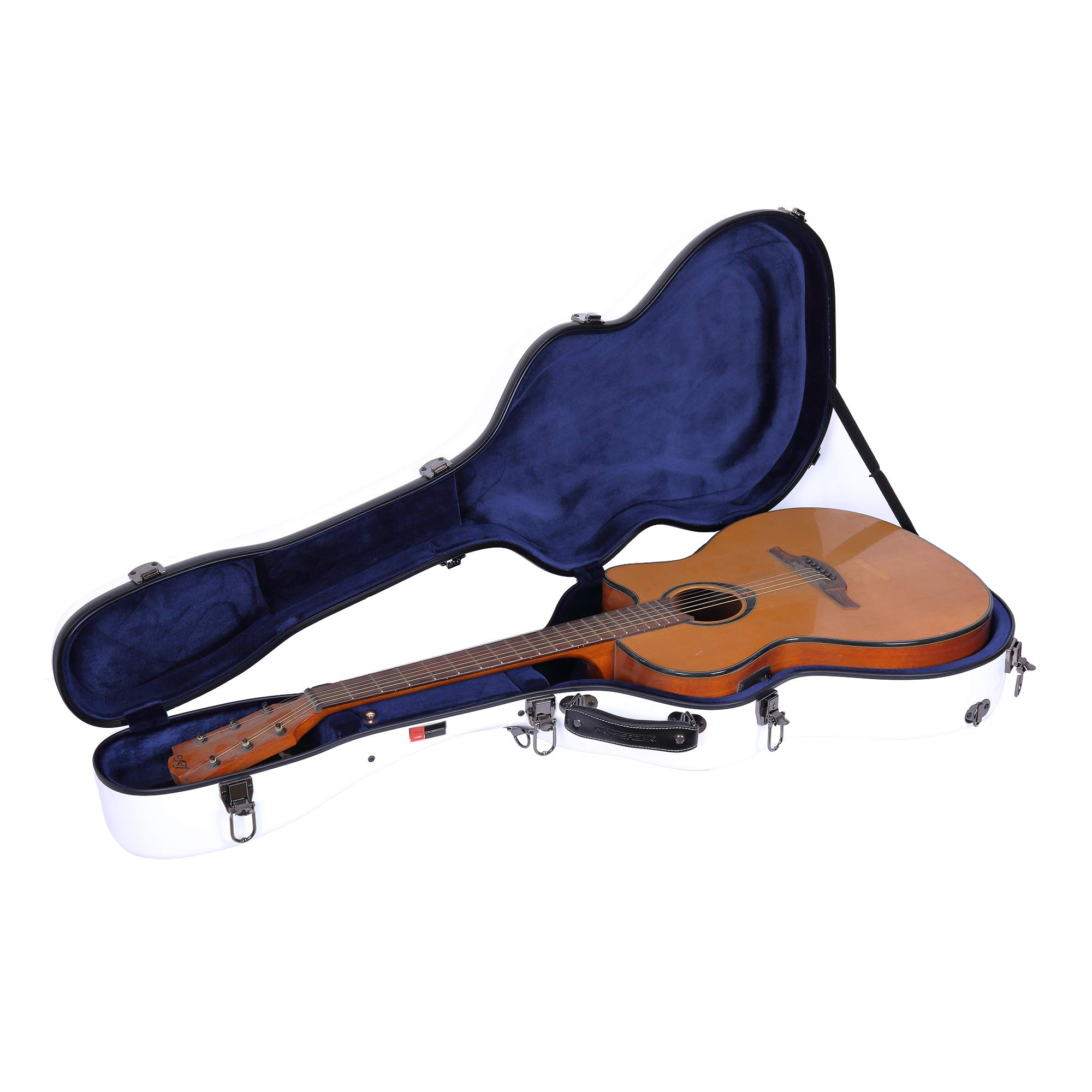 Crossrock Etui na gitarę OM z włókna szklanego do Martin 000-14 Fret, biała powłoka, aksamitne wnętrze, zamek TSA, wysokiej jakości etui na gitarę z włókna szklanego z paskami plecakowymi