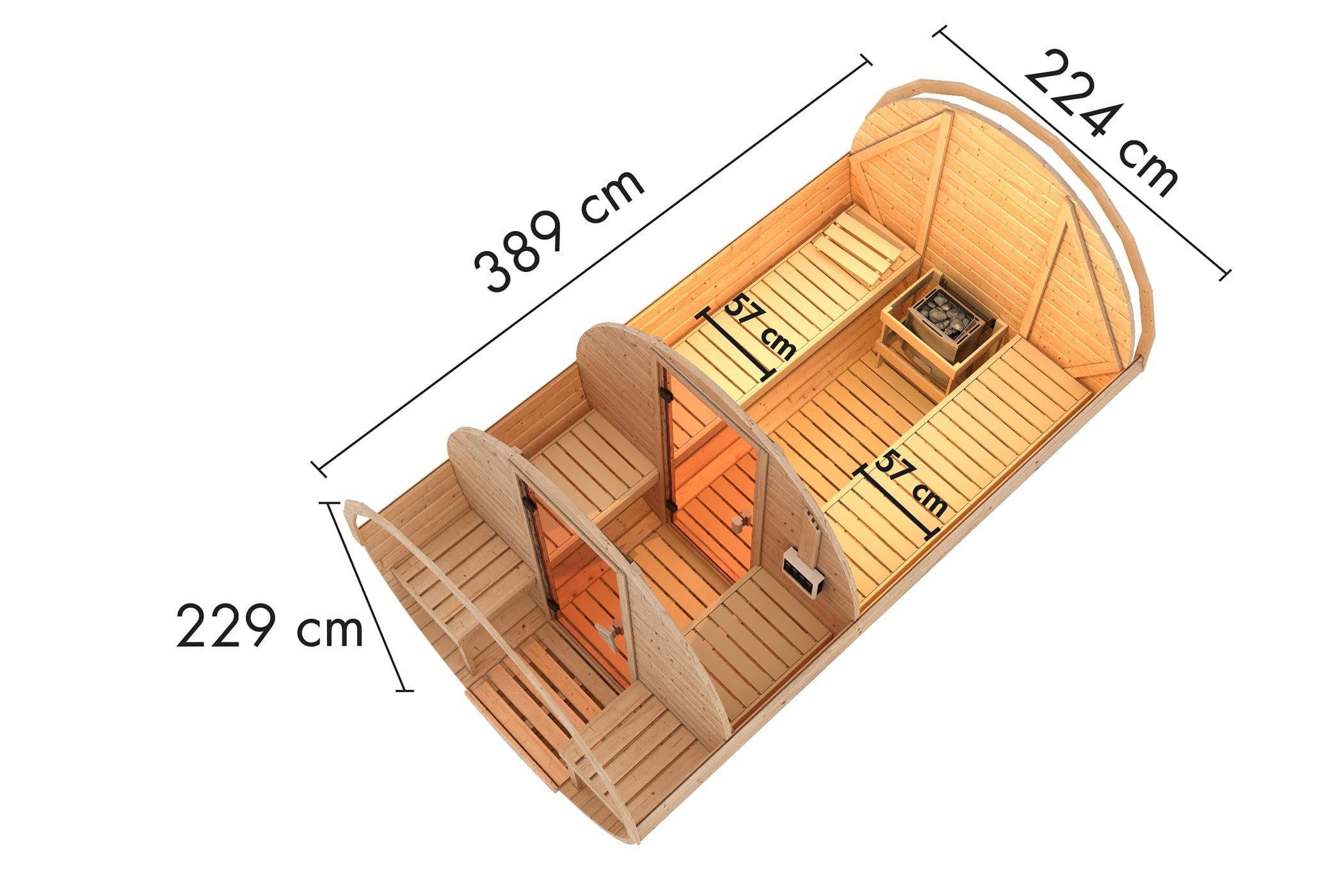 Karibu Fasssauna Set naturbelassen mit Ofen 9 kW integr. Strg., Kabel, Schindeln in versch. Längen (Länge 389 cm)