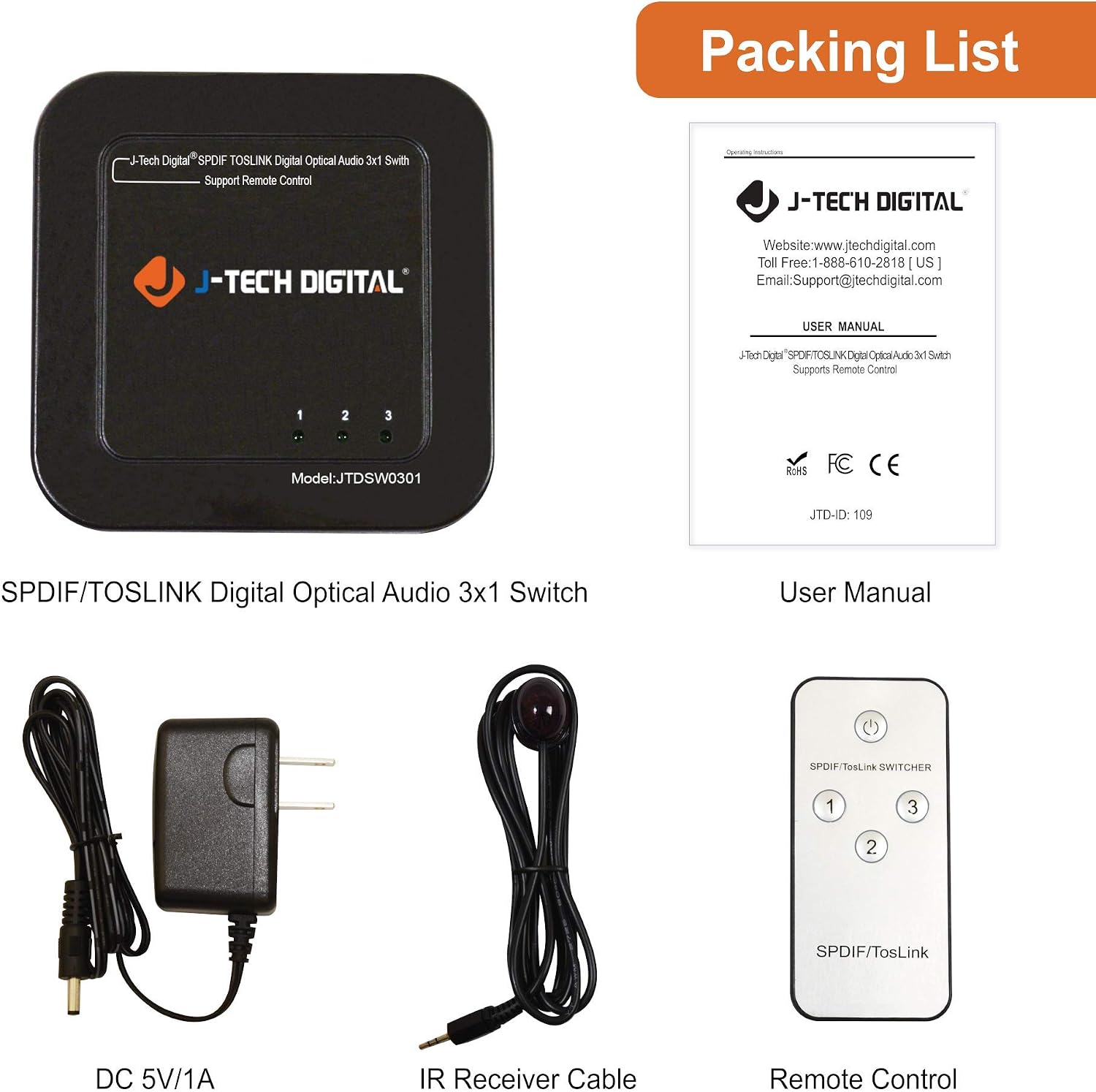 J-Tech Digital ® Premium Quality SPDIF TOSLINK Digital Optical Audio 3x1 Switch with Remote Control (Three Inputs one Output)