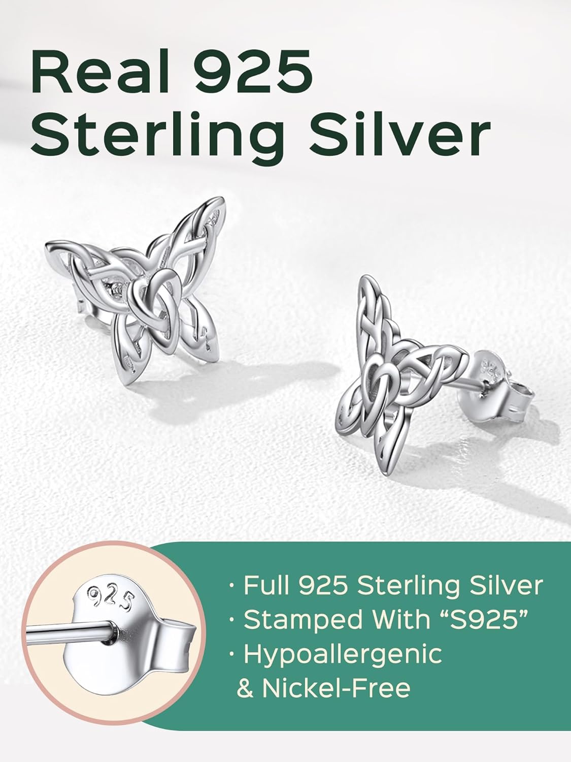 ChicSilver Celtic Earrings for Women Hypoallergenic Sterling Silver Stud Earrings, Heart/Triangle/Cross/Butterfly Knot Earrings for Women Irish Jewelry with Gift Box