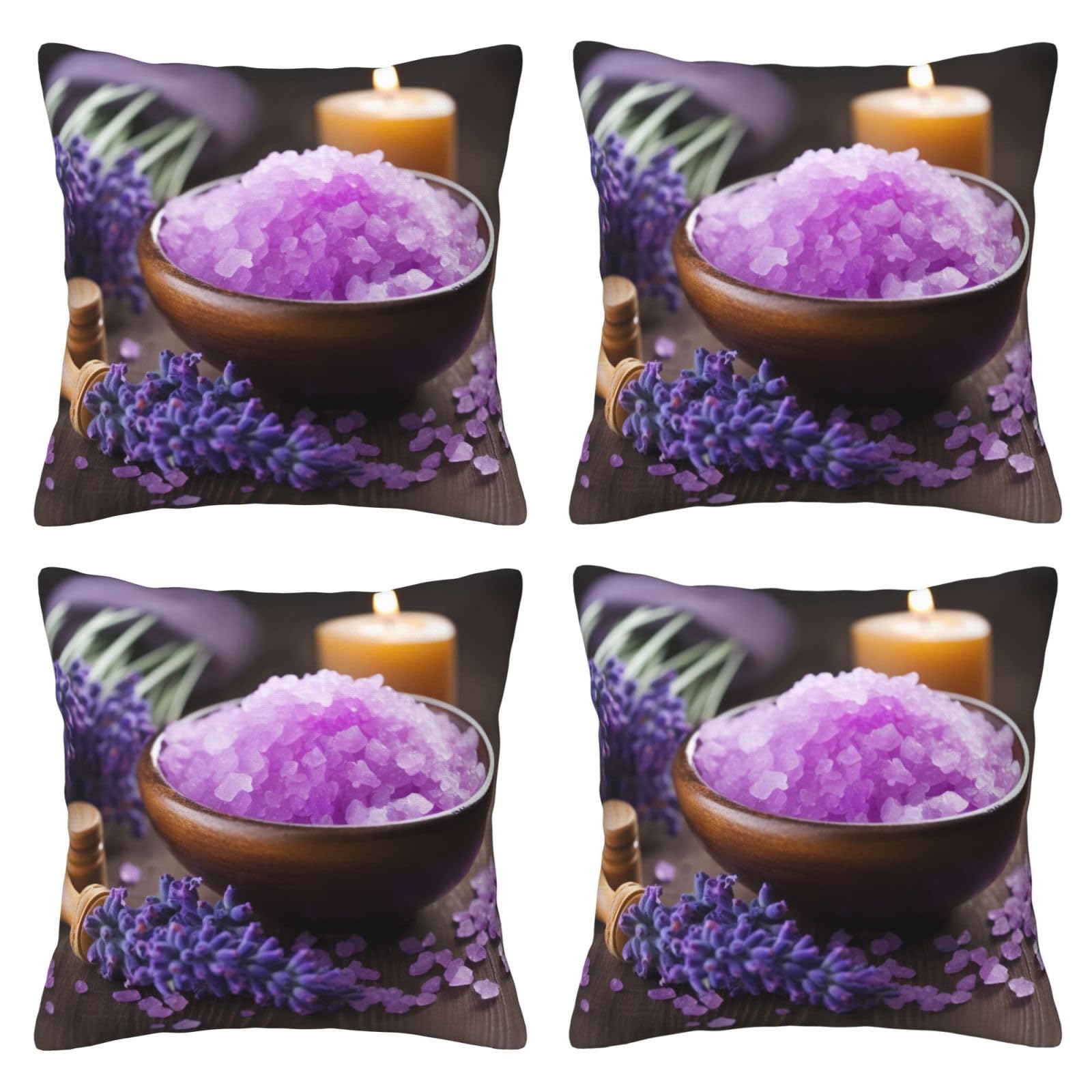 Lavender Flower and Spa Salt Throw Pillow Cases 4 Pack Square Pillowcases Super Soft Pillow Protectors With Zipper for Couch Livingroom Sofa Bed Office Car,30x30 CM