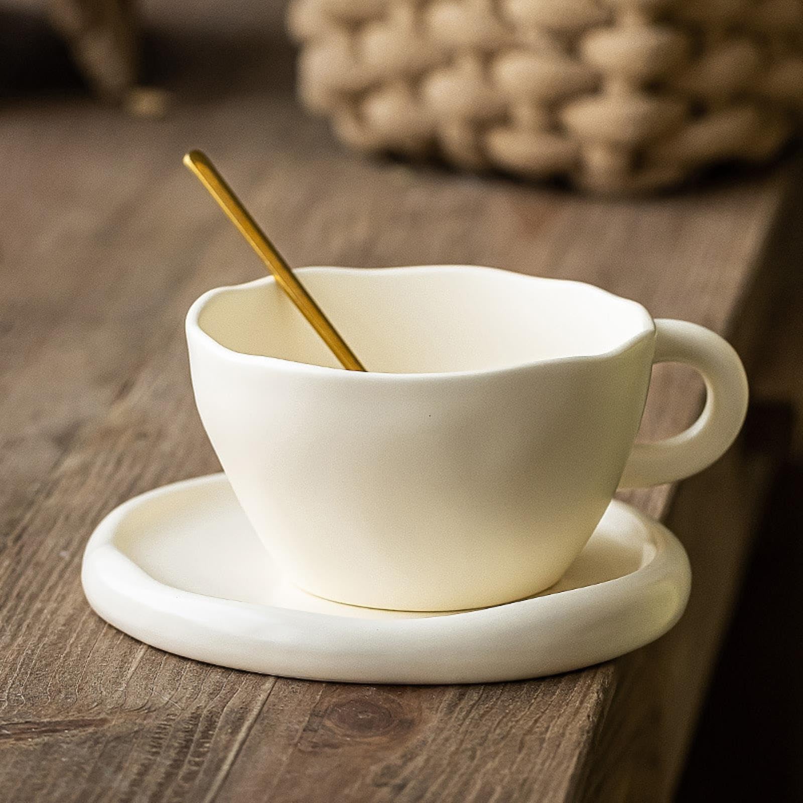 CAPIJIONG Kremowy ceramiczny kubek do kawy na śniadanie, wykwintna popołudniowa herbata-kremowy biały kubek z szerokim otworem 300 ml