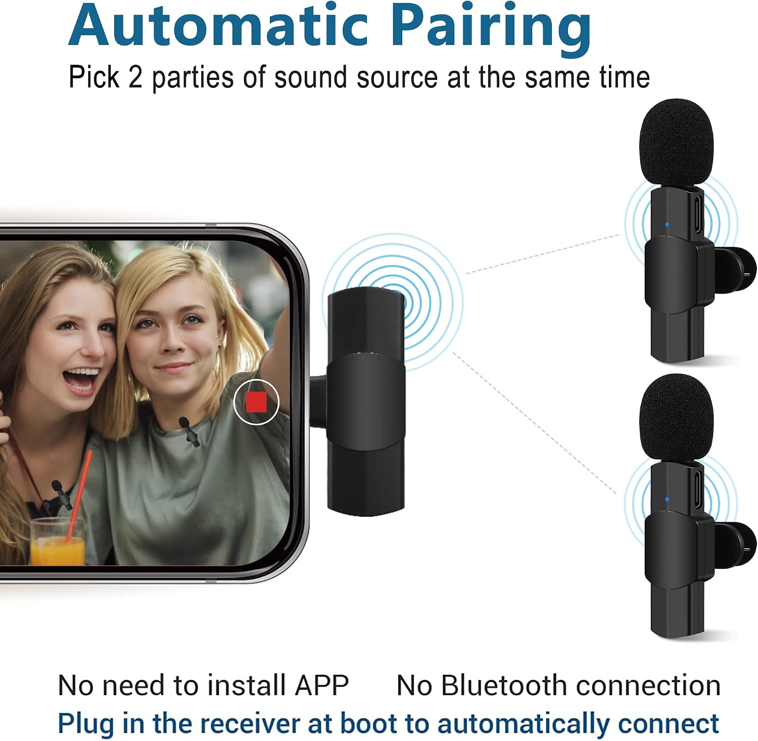 2-in-1 Wireless Lavalier Microphone for iPhone iPad, Dual Lapel Wireless Microphone for Video Recording, TikTok Facebook Live Steam, Youtubers, Vloggers, Interview, Clip-on Plug & Play Auto-sync