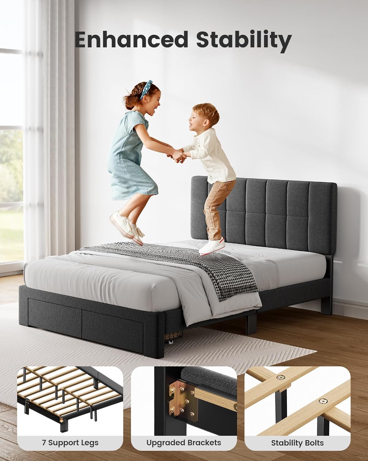 Pipishell Queen Bed Frame with 2 Storage Drawers, 12 Sturdy Legs, Solid Wooden Bed Base with Upholstered Headboard for 6″ to 12″ Mattresses, 1300 lbs High Weight Capacity, Easy Assembly, Dark Gray