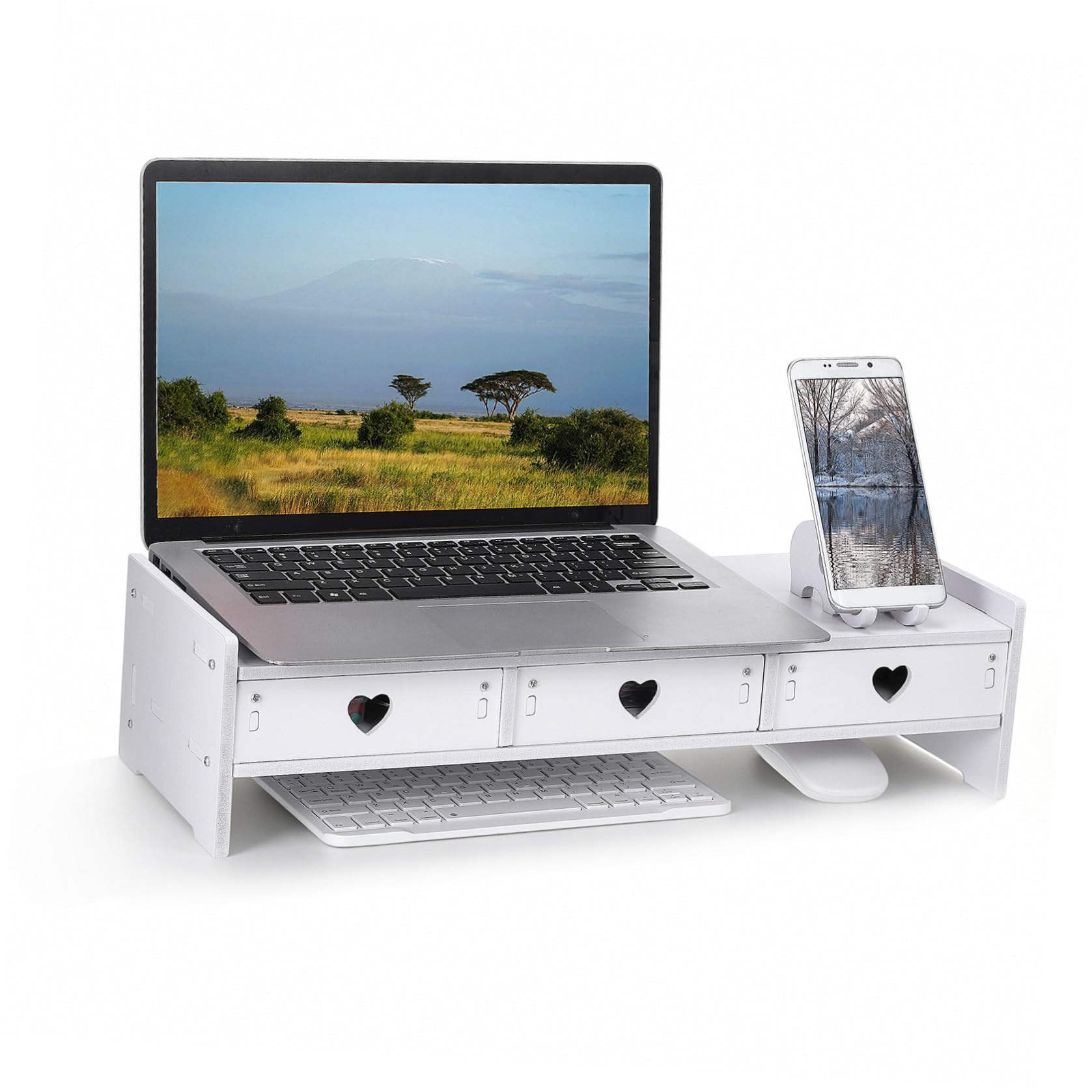 Supporto per Monitor Design Minimalista Bianco Organizer e Cassetto , Realizzato in Pvc e Composito Legno-plastica Alza Monitor e Spazio per Tastiera per Ufficio