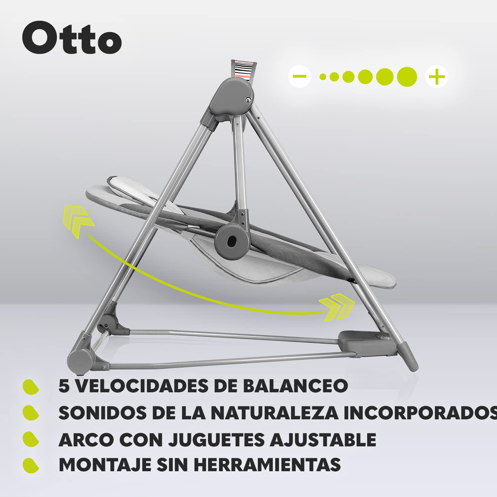 LIONELO Otto Columpio portátil para bebés hasta 9 kg, 5 velocidades de balanceo, Sistema de Cinturones de Seguridad, Fácil Montaje, Arco de Juguetes interactivos Ajustable Gris (Gris)
