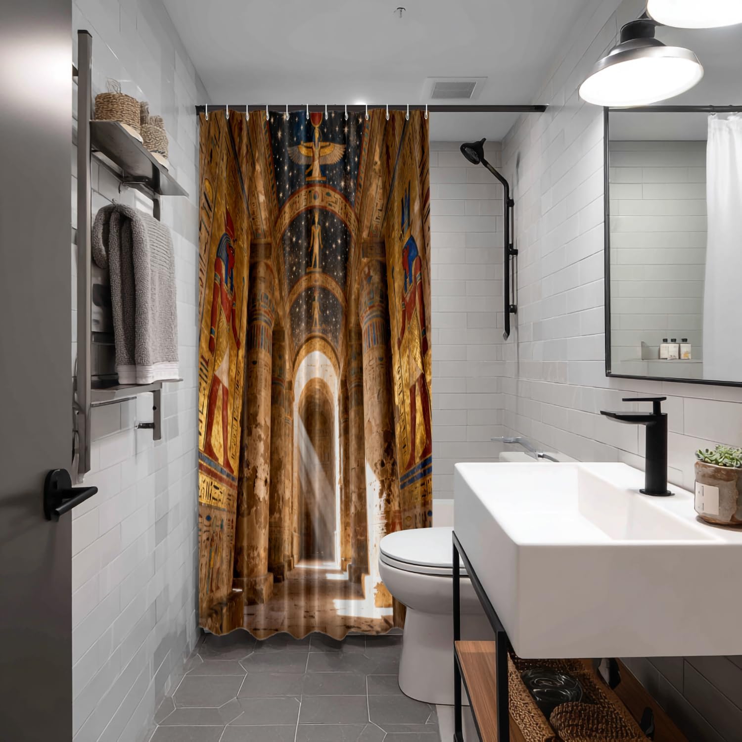 Batmerry Beige Ancient Egyptian Decor Shower Curtain, Bathroom Decor Polyester Fiber Plastic Rings Quick-Drying Waterproof for Bathtubs/Bathroom, 72x72 inches