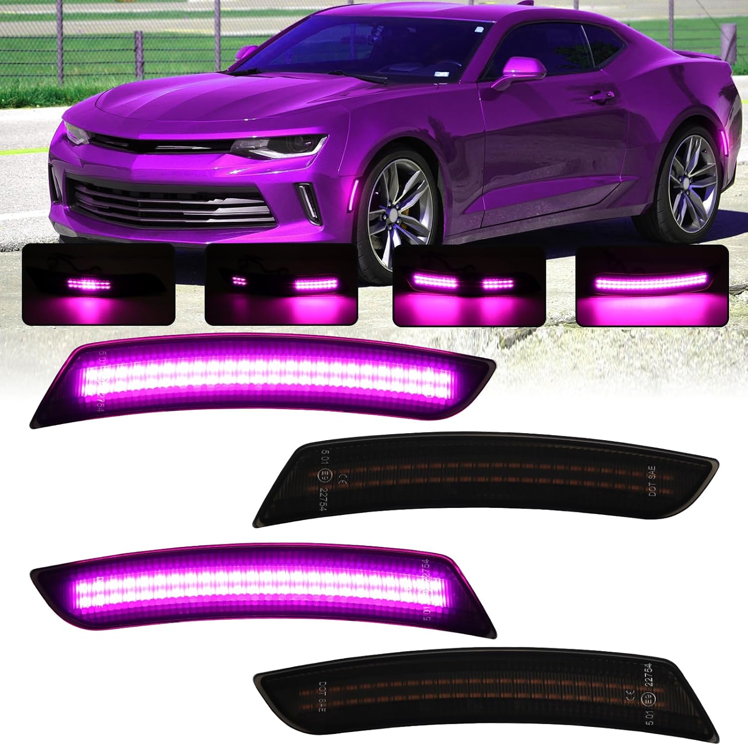 Dynamic Front Rear Bumper Side Marker Lights Compatible with Chevy Camaro 2016-2023, Dual Rows LED Fender Sidemarker Lamps, Reflectors Pink Purple Smoked Lens 4PCS