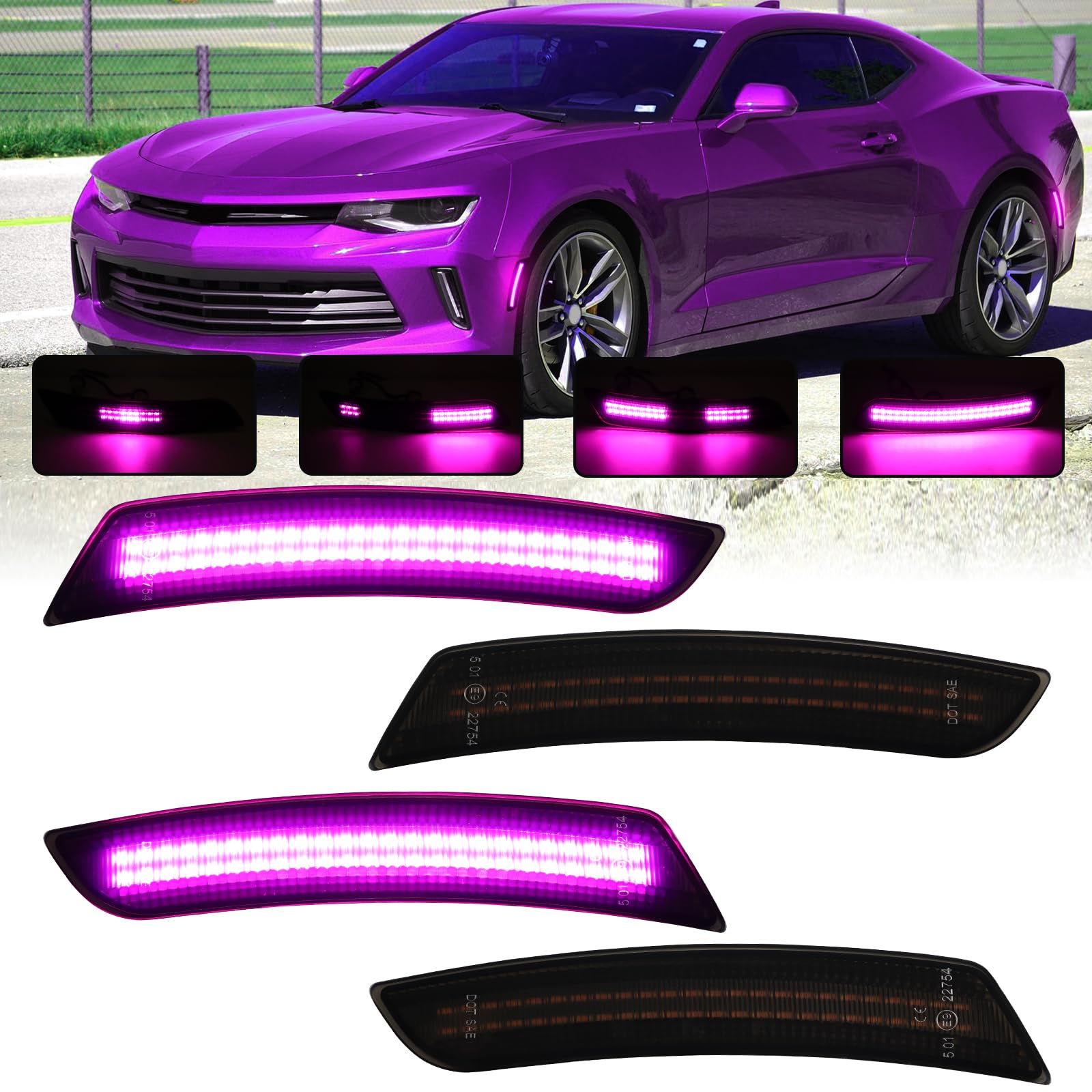 AreLokpri Dynamic Front Rear Bumper Side Marker Lights Compatible with Chevy Camaro 2016-2023, Dual Rows LED Fender Sidemarker Lamps, Reflectors Pink