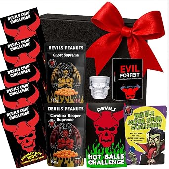 Ultimate Chilli Challenge Hamper   Devils Chip Challenge, Super Sour Challenge, Devils Balls & Ghost Peanuts | Extreme Hot & Sour Food Gift Set Perfect Fun Gift for Him, Her & Friends!